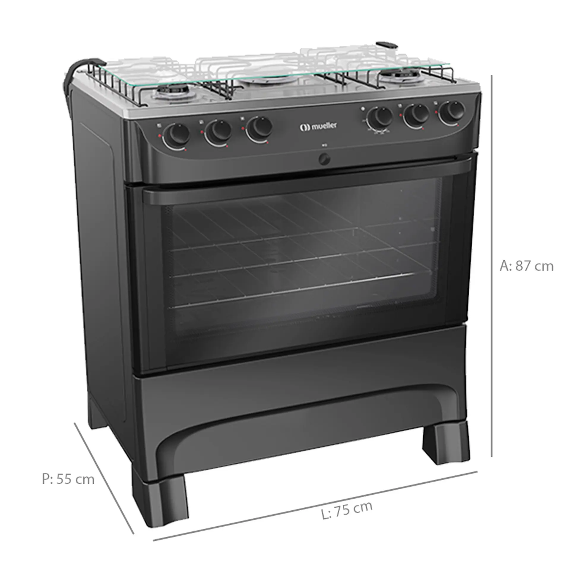 Fogão Mueller 5 Bocas MFI5BB Automático Mesa de Inox Forno 81,6L - Preto Fosco - Bivolt