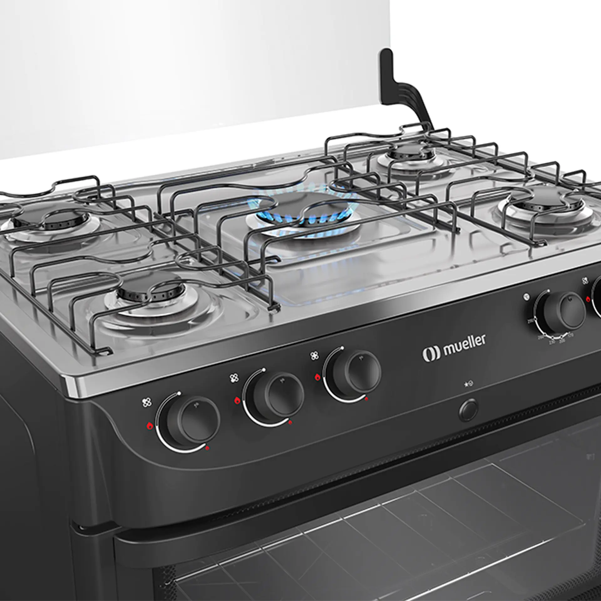 Fogão Mueller 5 Bocas MFI5BB Automático Mesa de Inox Forno 81,6L - Preto Fosco - Bivolt