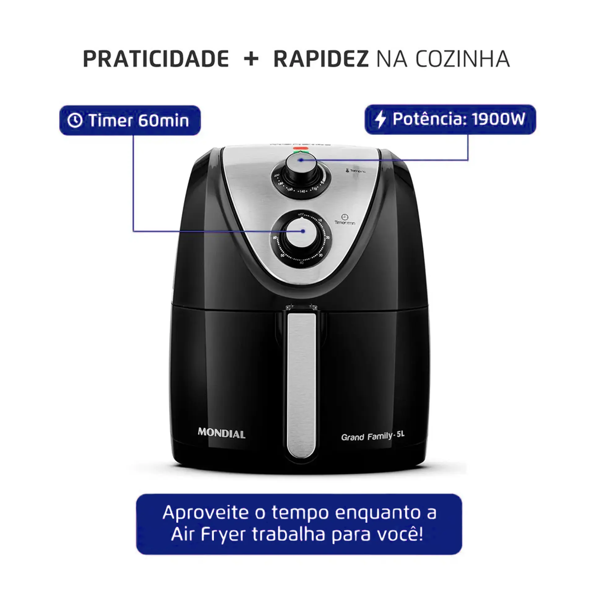 Fritadeira Elétrica Air Fryer Mondial Grand Family AFN-50 BI 5L 1900W Timer - Preto/Inox - 110 Volts