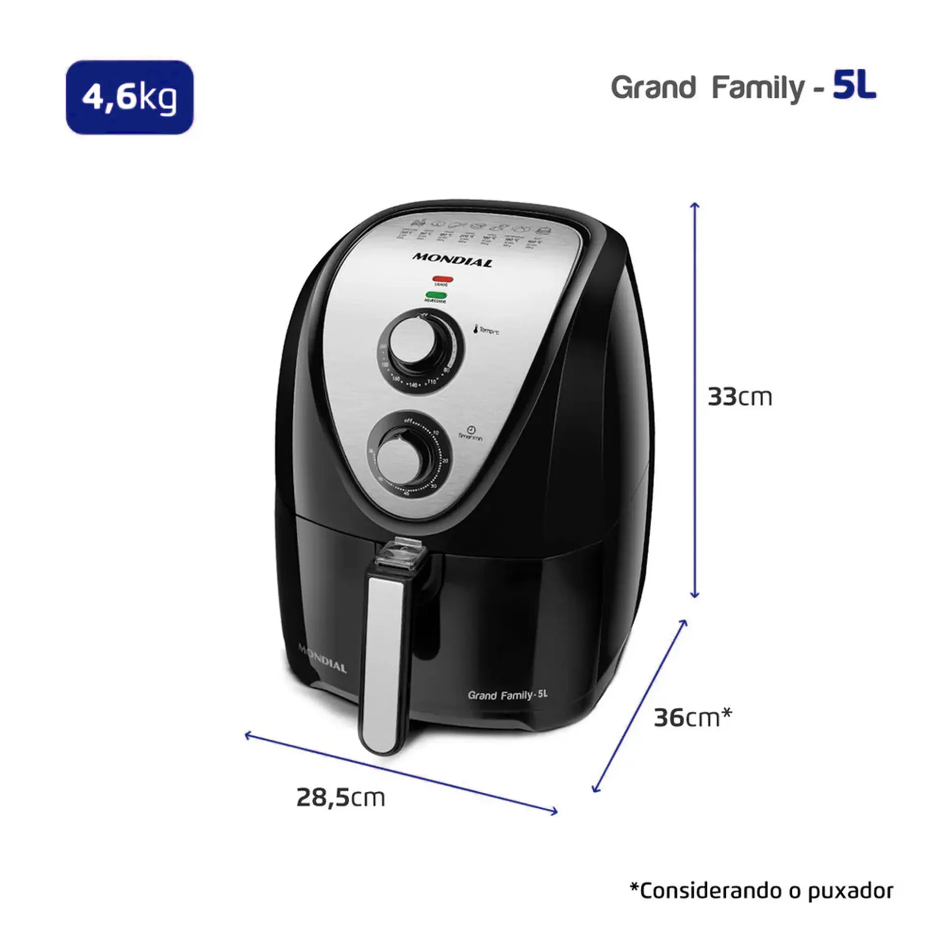 Fritadeira Elétrica Air Fryer Mondial Grand Family AFN-50 BI 5L 1900W Timer - Preto/Inox - 110 Volts