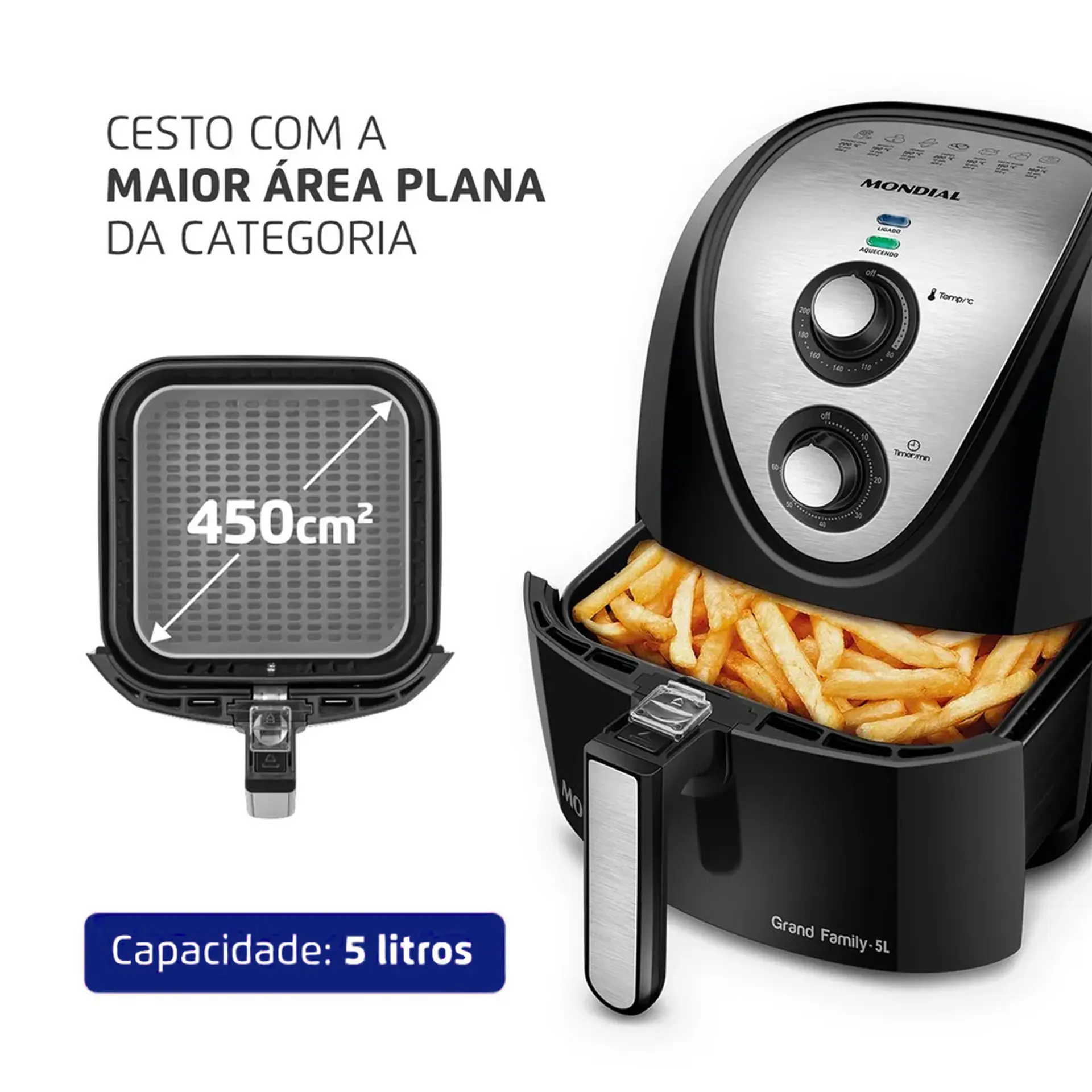 Fritadeira Elétrica Air Fryer Mondial Grand Family AFN-50 BI 5L 1900W Timer - Preto/Inox - 110 Volts