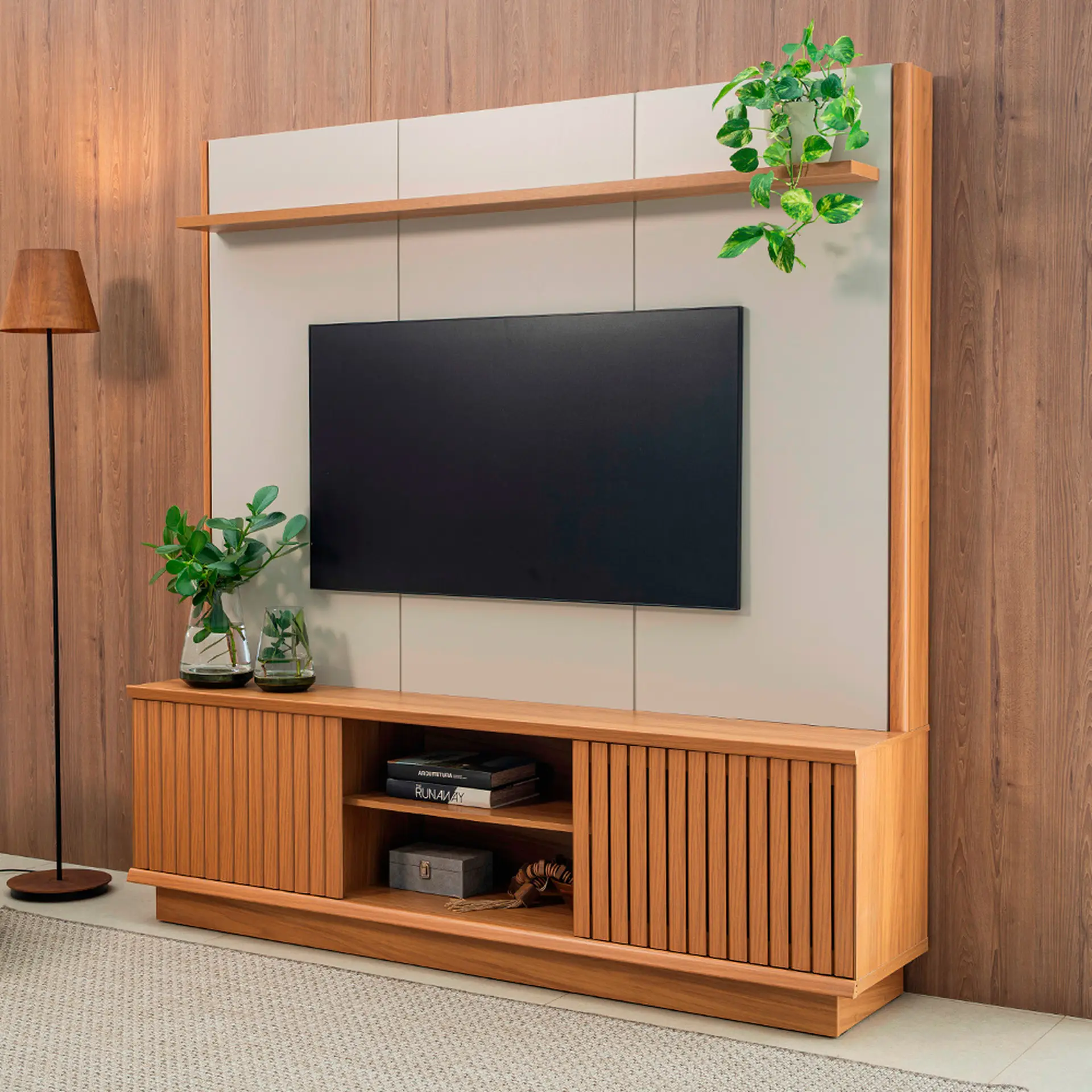 Estante Home para TV até 75" 2 Portas de Correr Ravena Linea Brasil - Canela/Off White