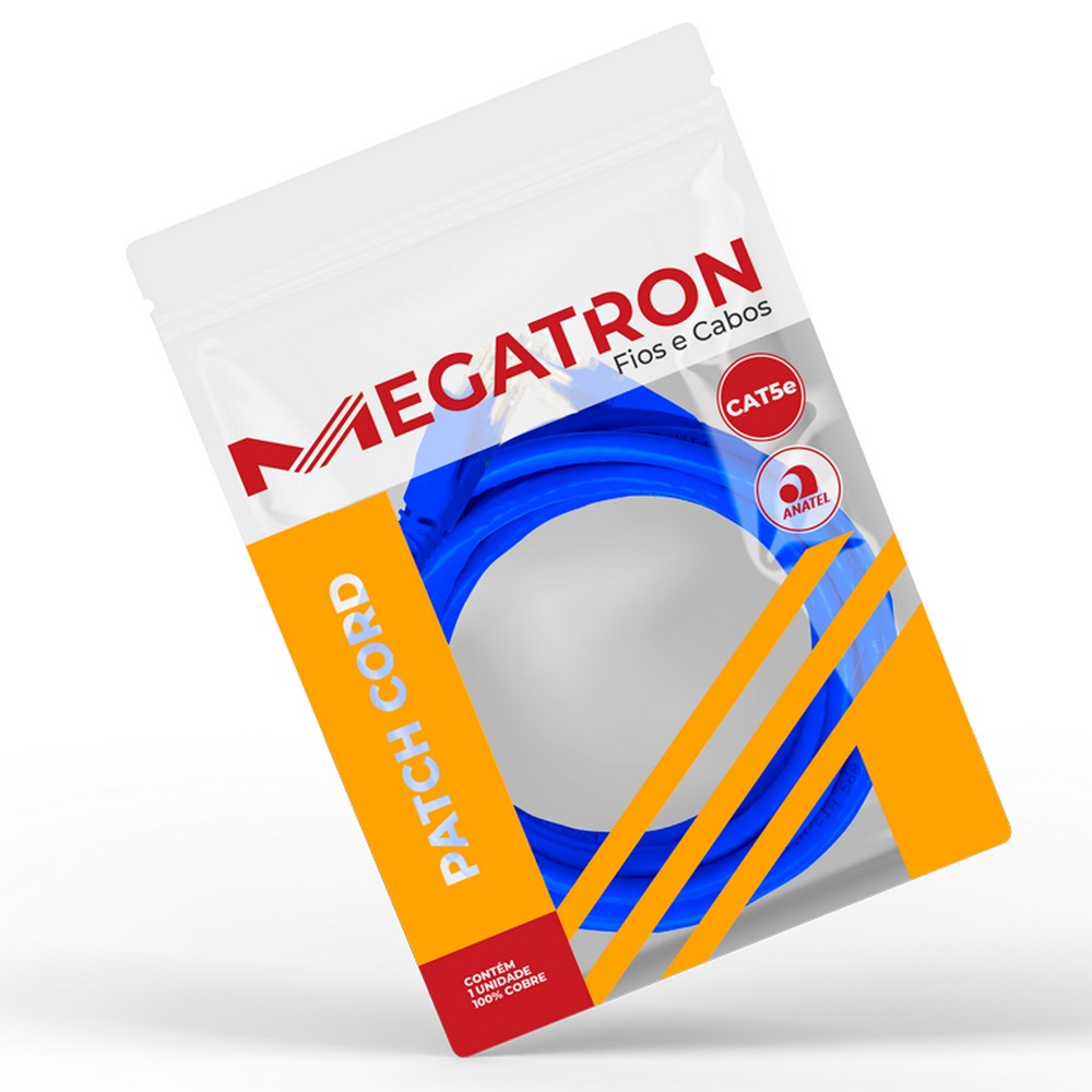 Cabo Patch Cord RJ45 Cat.5E 1,5m Azul Megatron 919 100% Cobre Homologado ANATEL
