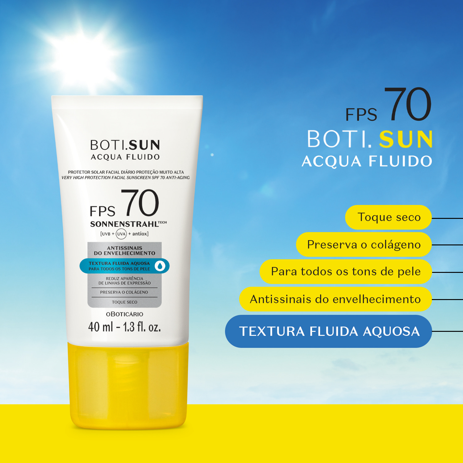 Protetor Solar Facial Antissinais FPS70 BOTI.SUN Acqua Fluido 40ml
