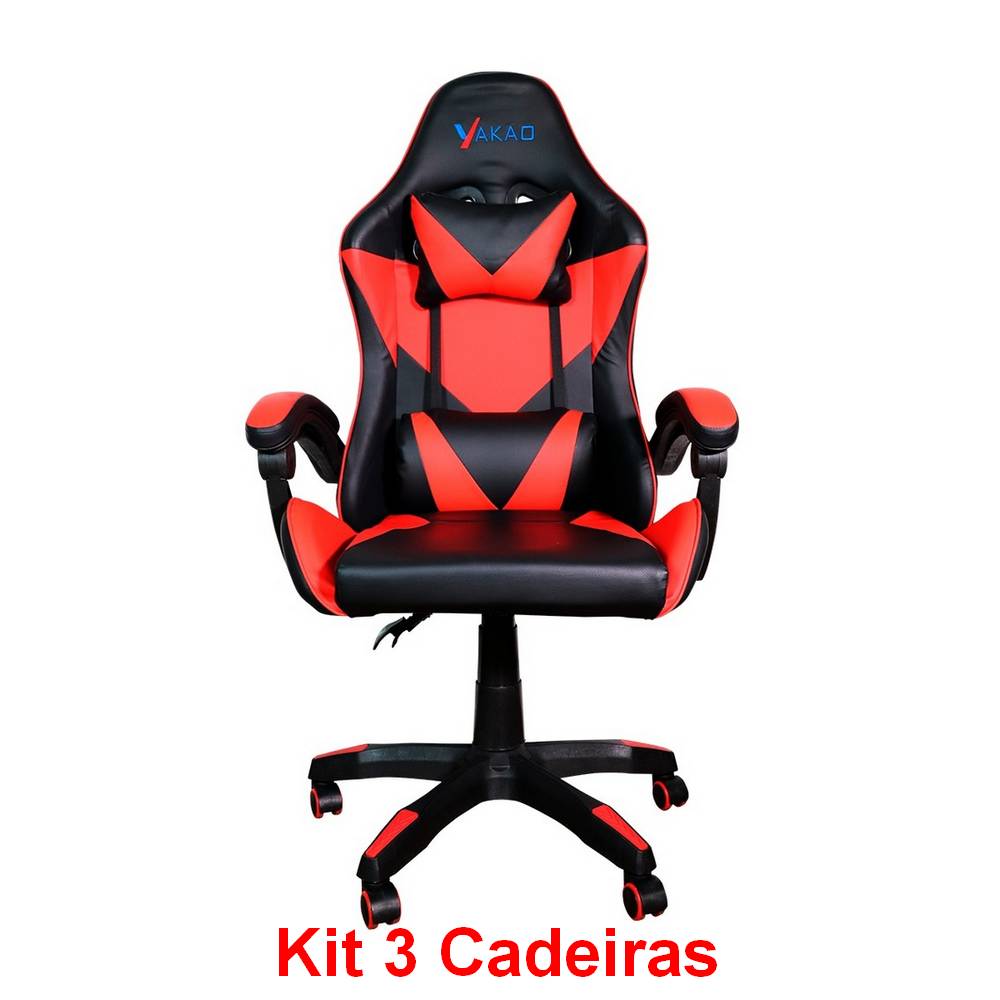 Kit 3 Cadeira Gamer Giratória Preto e Vermelho com Braço Ajuste de Altura Encosto Reclinável Yakao GC007Red