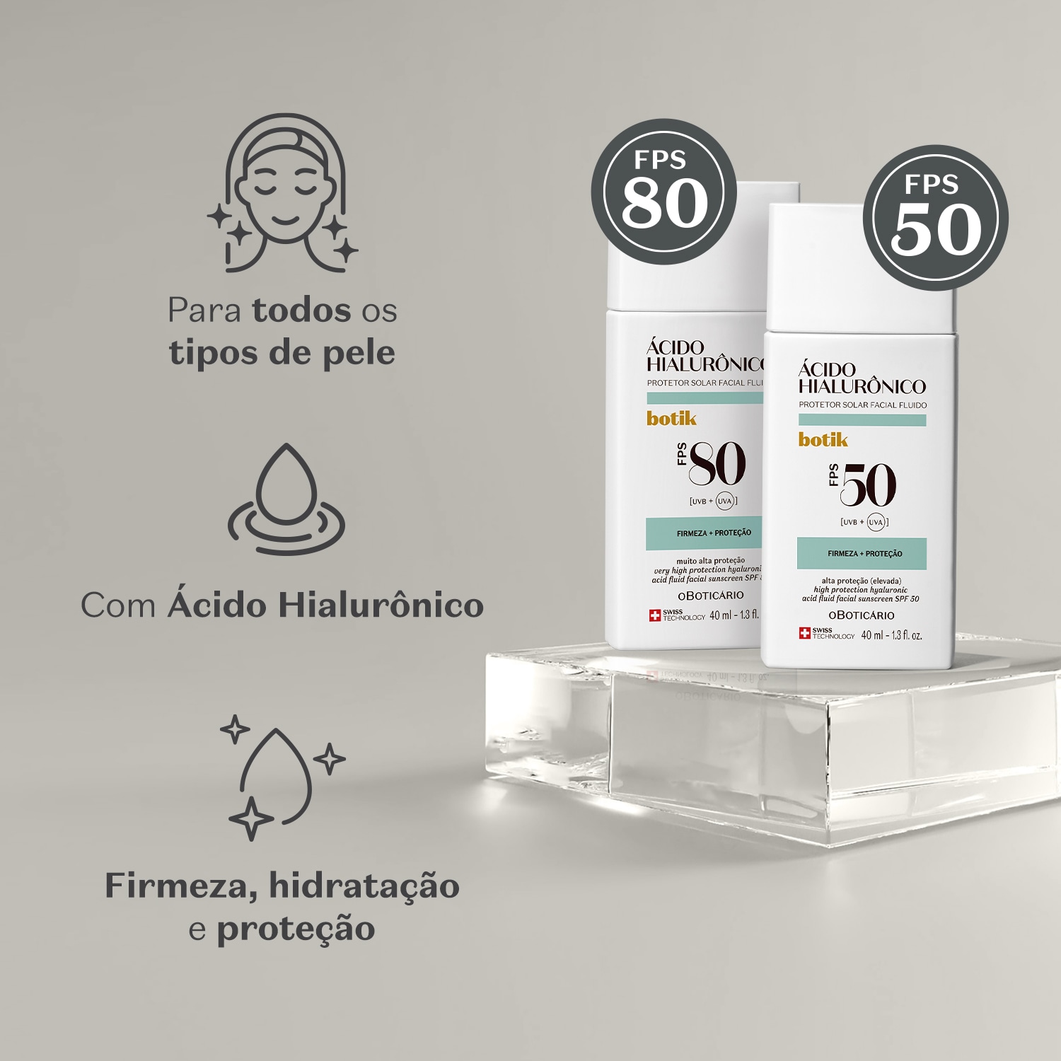 Protetor Solar Facial Fluido FPS 80 Botik Ácido Hialurônico 40ml