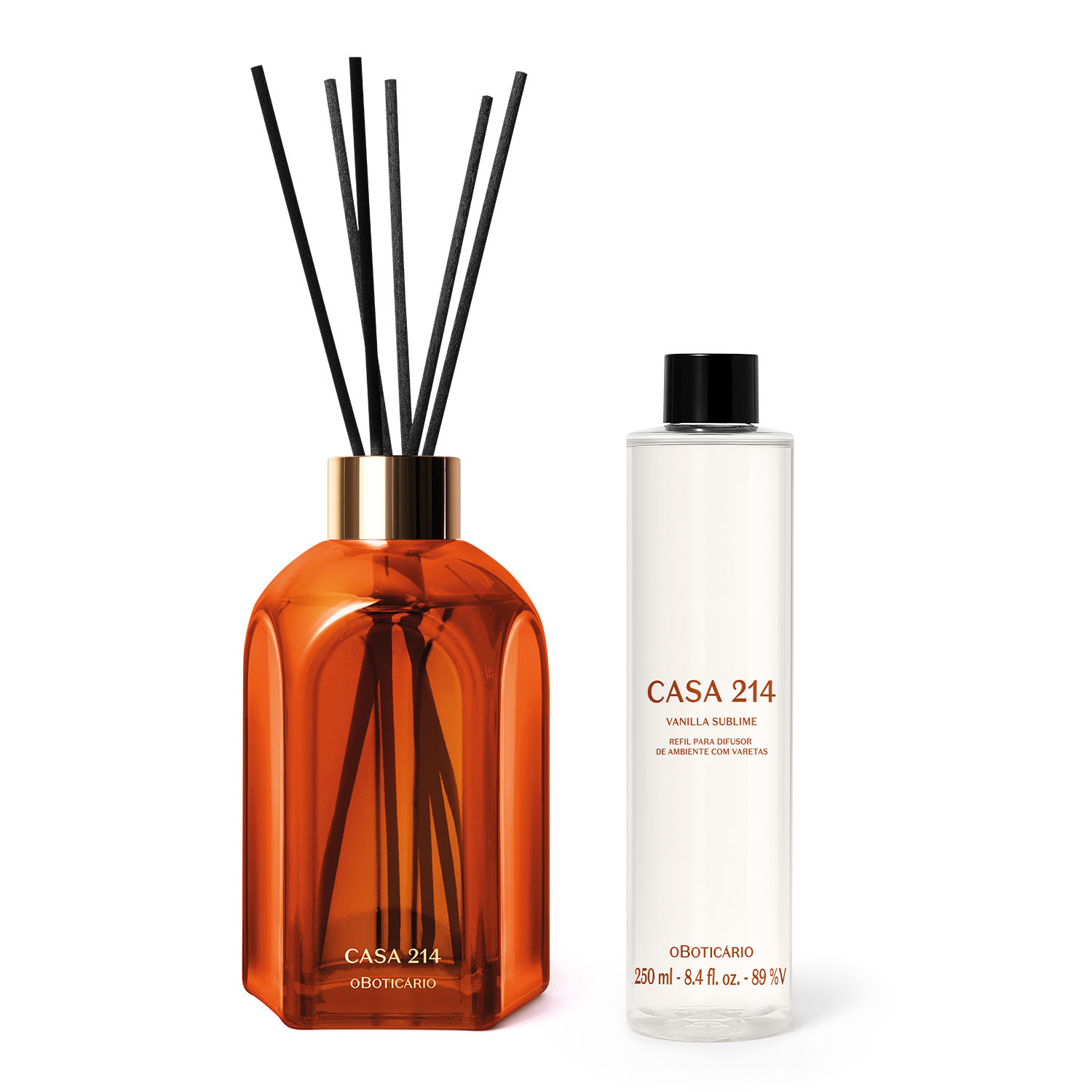 Combo Casa 214 Vanilla Sublime: Difusor de Ambiente com Varetas 250ml + Refil Sem Varetas 250ml