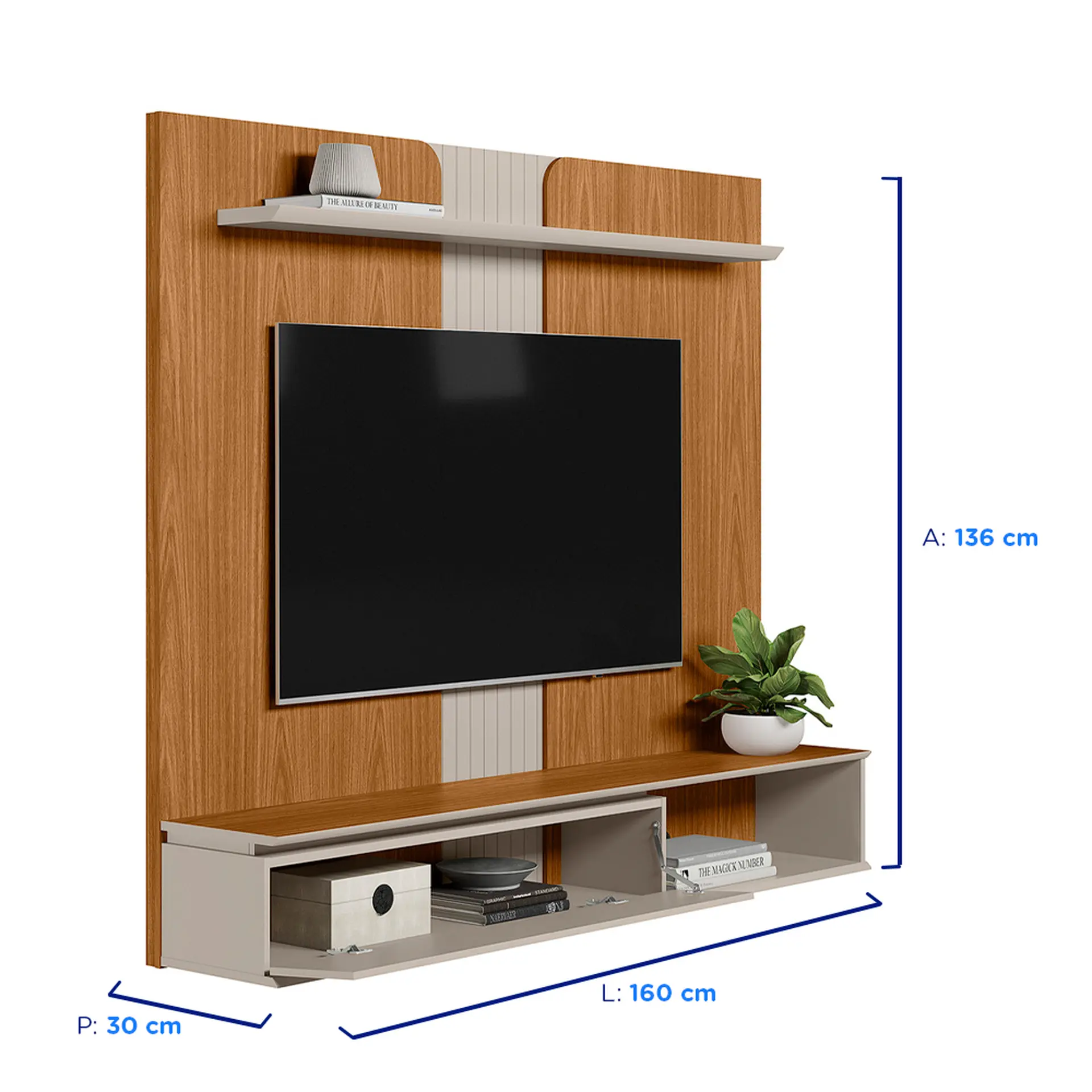 Painel Home para Tv até 65" com Prateleira Friburgo Linea Brasil - Nature/Off White