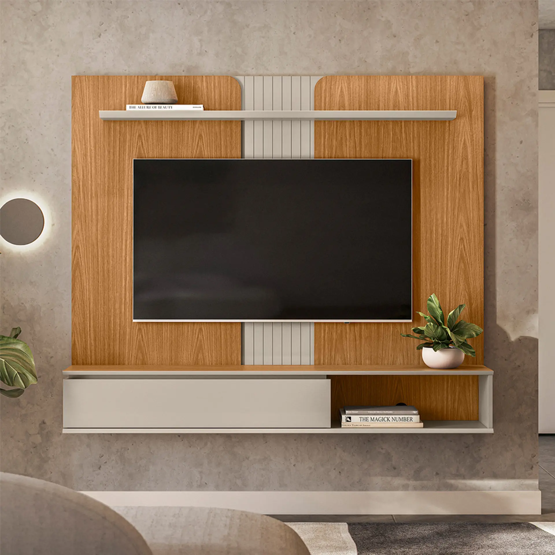 Painel Home para Tv até 65" com Prateleira Friburgo Linea Brasil - Nature/Off White
