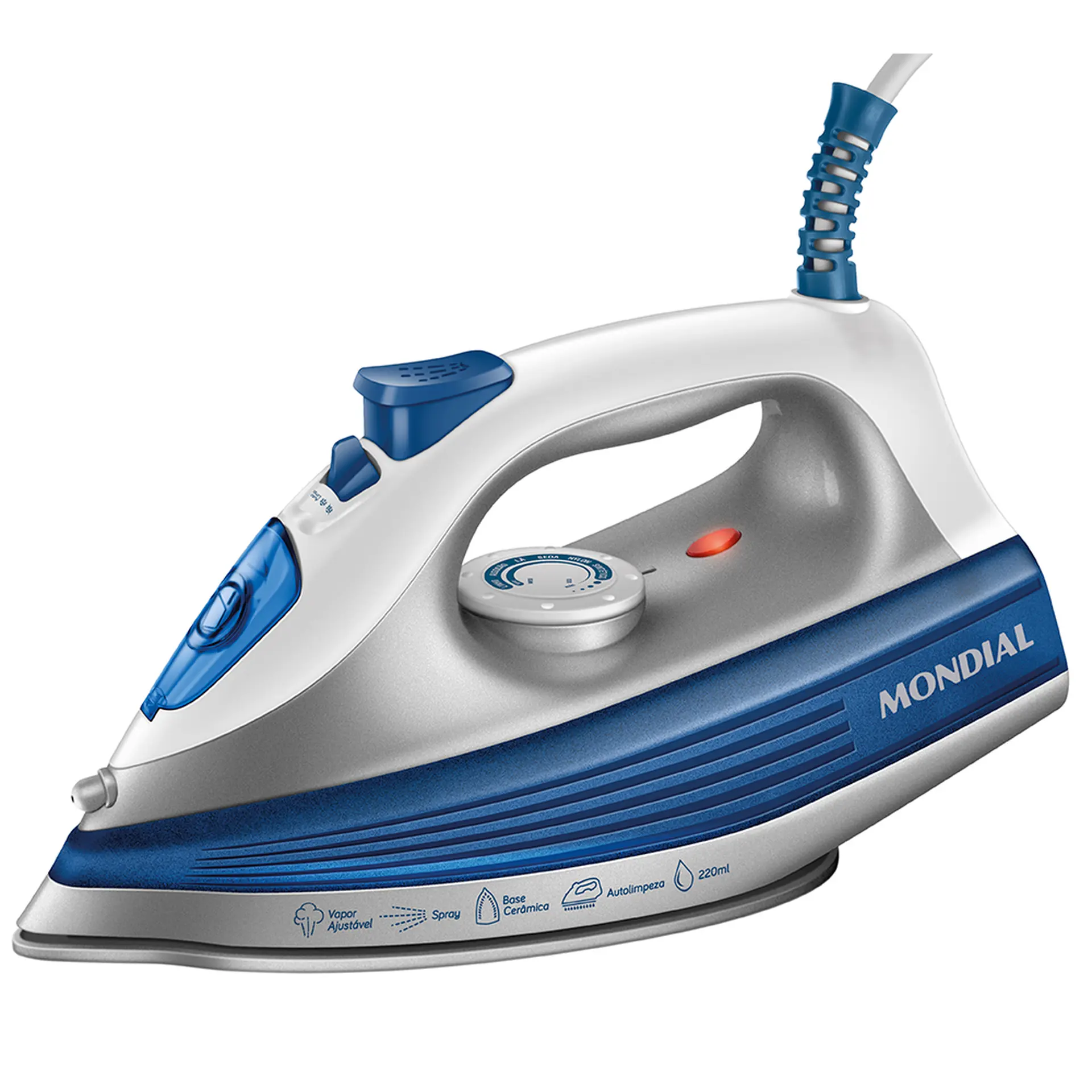 Ferro de Passar a Vapor e a Seco Mondial FVN-01-BL Base Cerâmica 1200W - Branco/Azul - 110 Volts