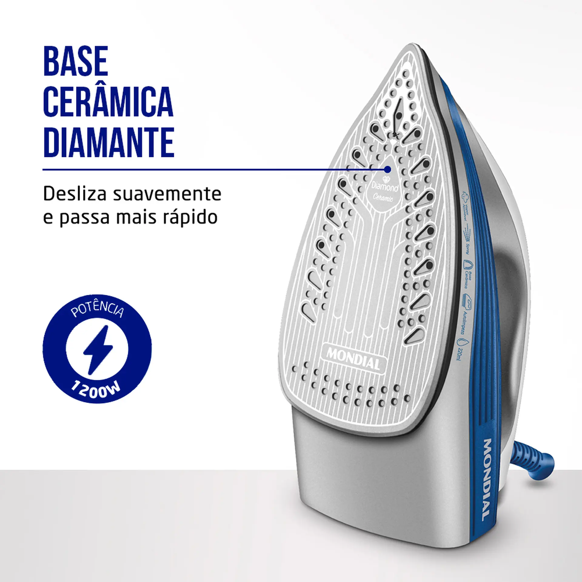 Ferro de Passar a Vapor e a Seco Mondial FVN-01-BL Base Cerâmica 1200W - Branco/Azul - 110 Volts