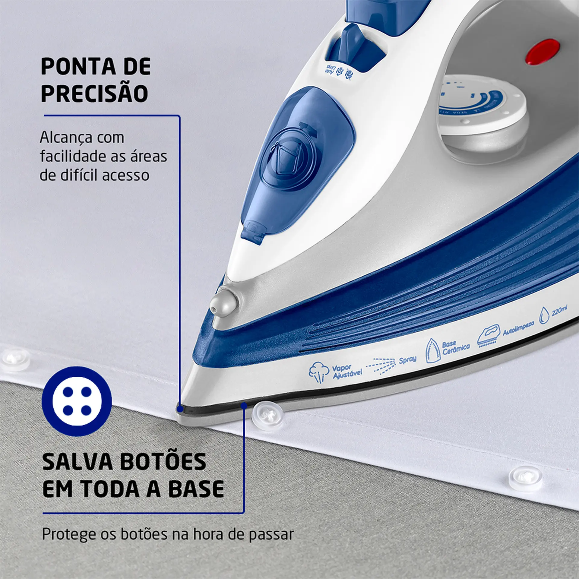 Ferro de Passar a Vapor e a Seco Mondial FVN-01-BL Base Cerâmica 1200W - Branco/Azul - 110 Volts
