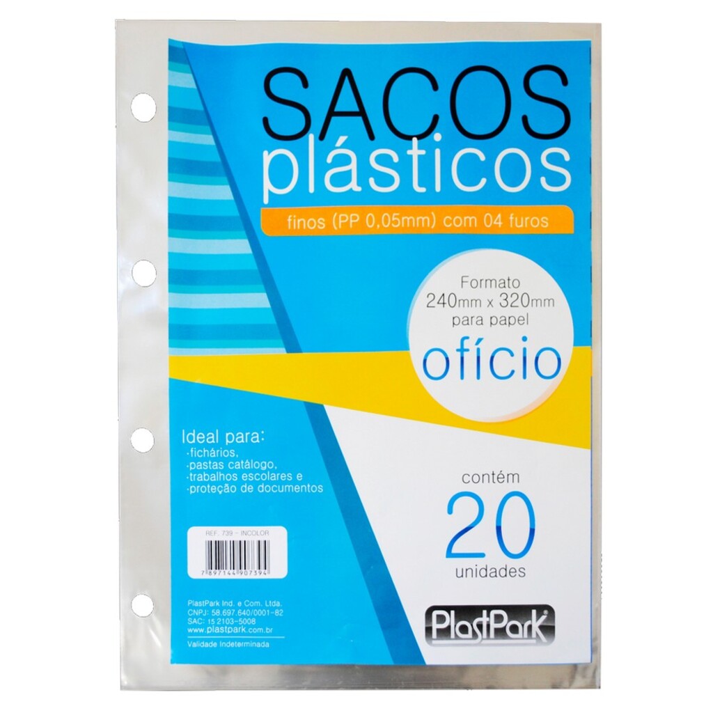 Saco Plástico Ofício 4 Furos 240mm x 320mm Fino Plastpark - Pacote com 20 Unidades - 739