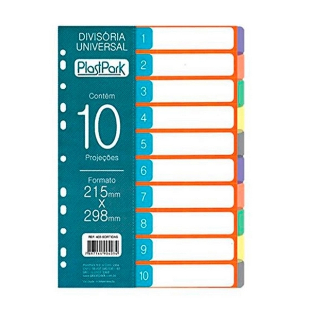 Divisória Universal para Fichário com 10 Divisões Colorido PlastPark - 403