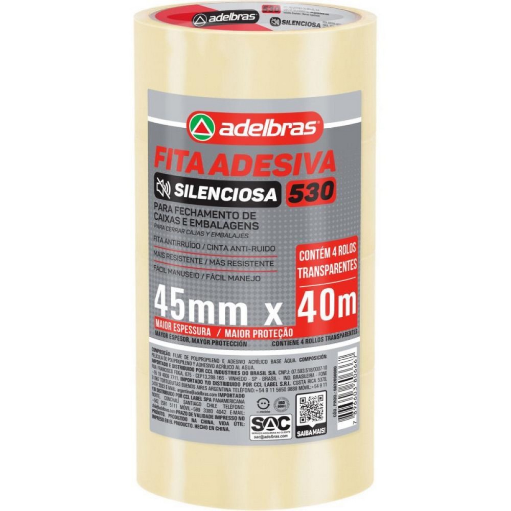 Fita Empacotamento Transparente 45mm x 40m Silenciosa Adelbras 4 Unidades 832000000