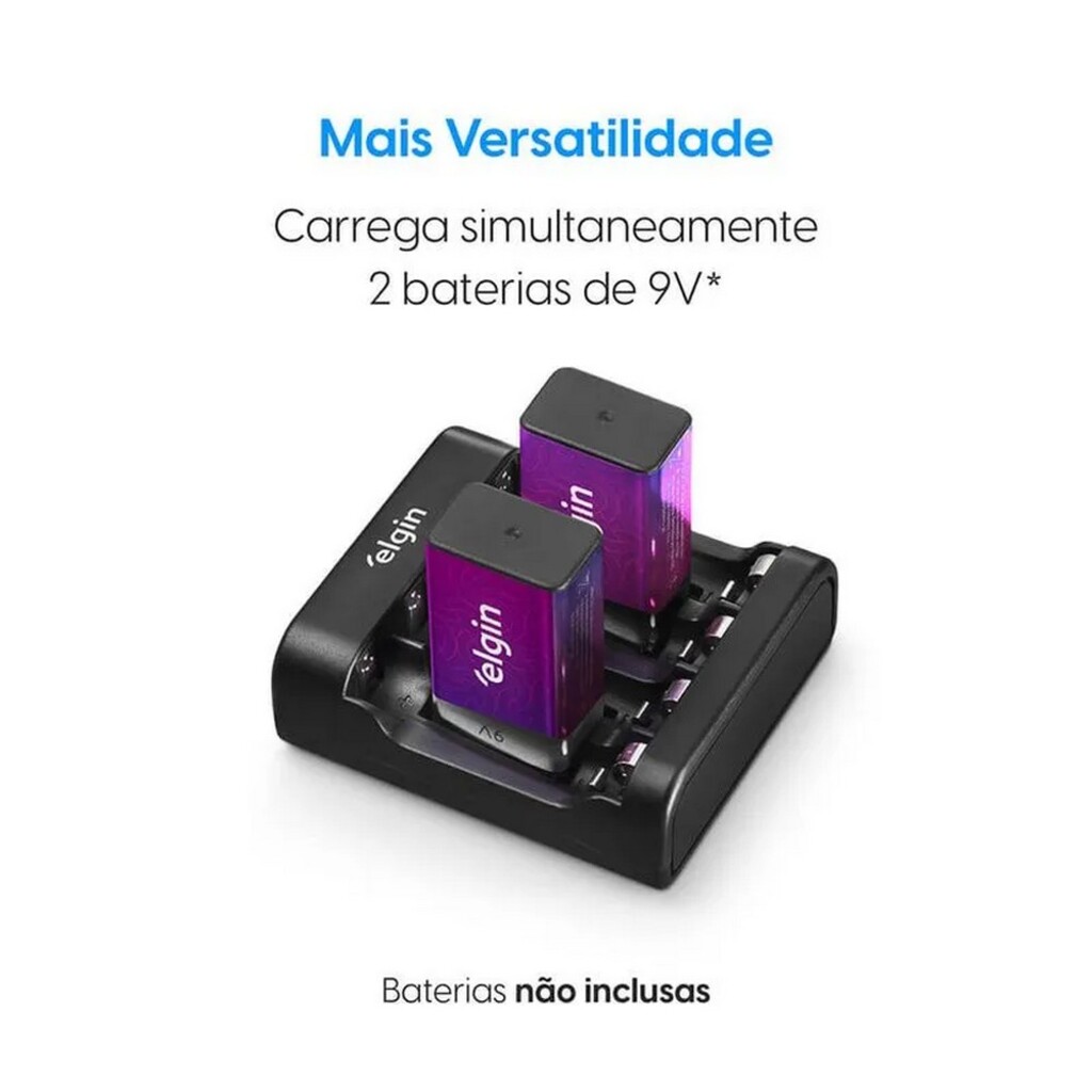 Carregador de Pilhas 2 ou 4 Pilhas AA/AAA e Baterias 9V Bivolt Elgin - 46RSCUSB0000 - Incluso 2 Pilhas AA