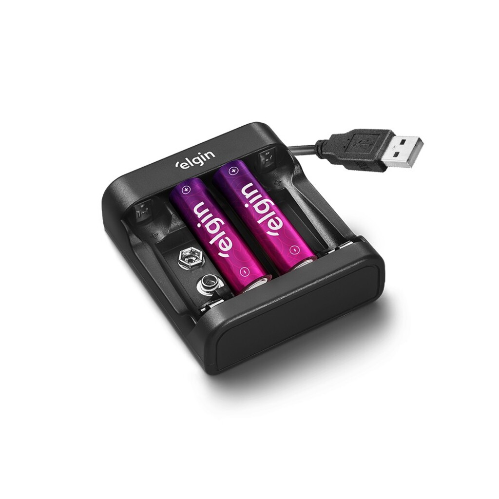 Carregador de Pilhas 2 ou 4 Pilhas AA/AAA e Baterias 9V Bivolt Elgin - 46RSCUSB0000 - Incluso 2 Pilhas AA