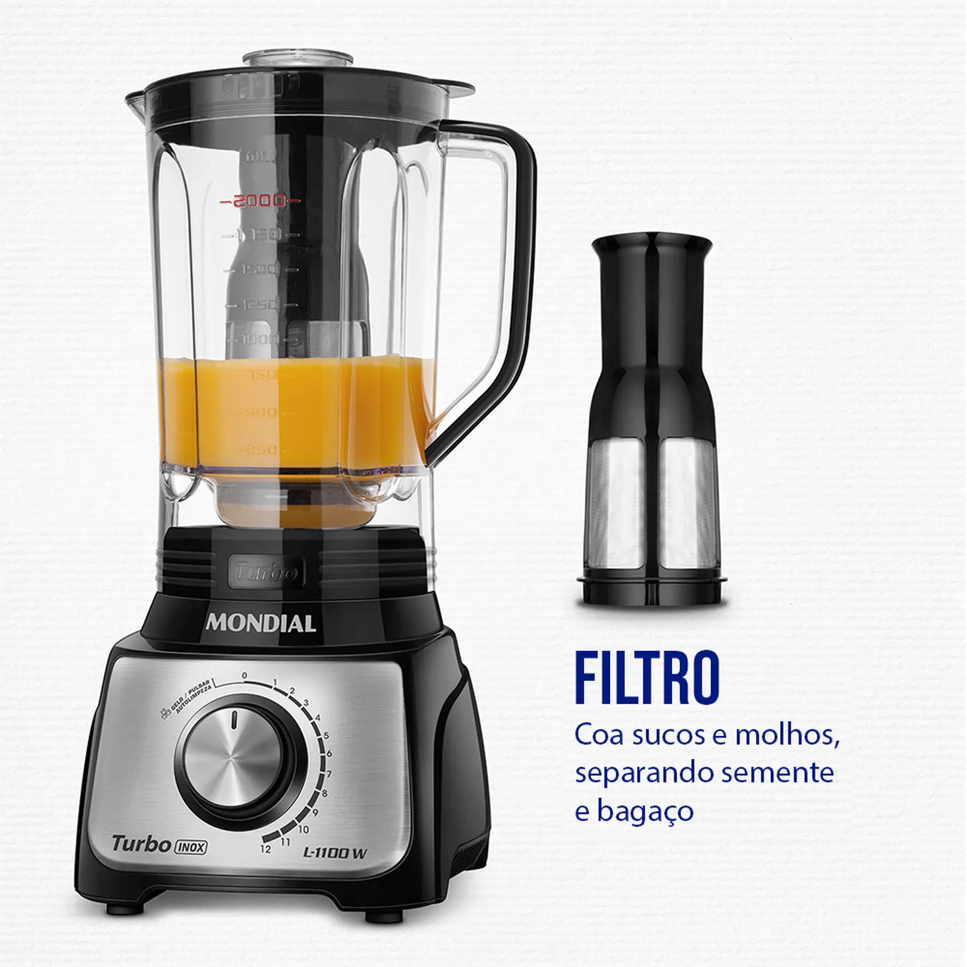 Liquidificador Mondial Turbo L-1100 3L 12 Velocidades 1100W Filtro - Preto/Inox - 110 Volts