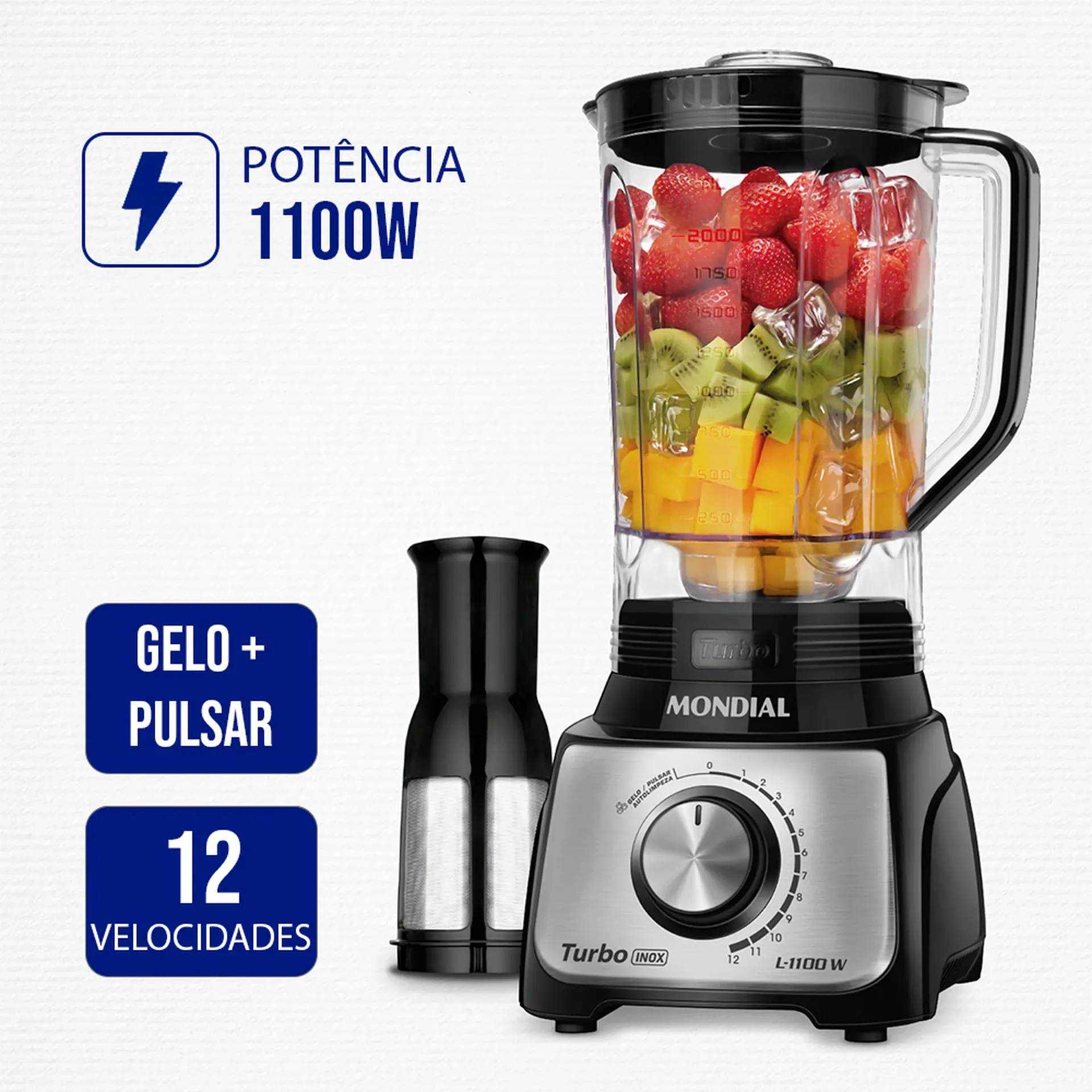 Liquidificador Mondial Turbo L-1100 3L 12 Velocidades 1100W Filtro - Preto/Inox - 110 Volts