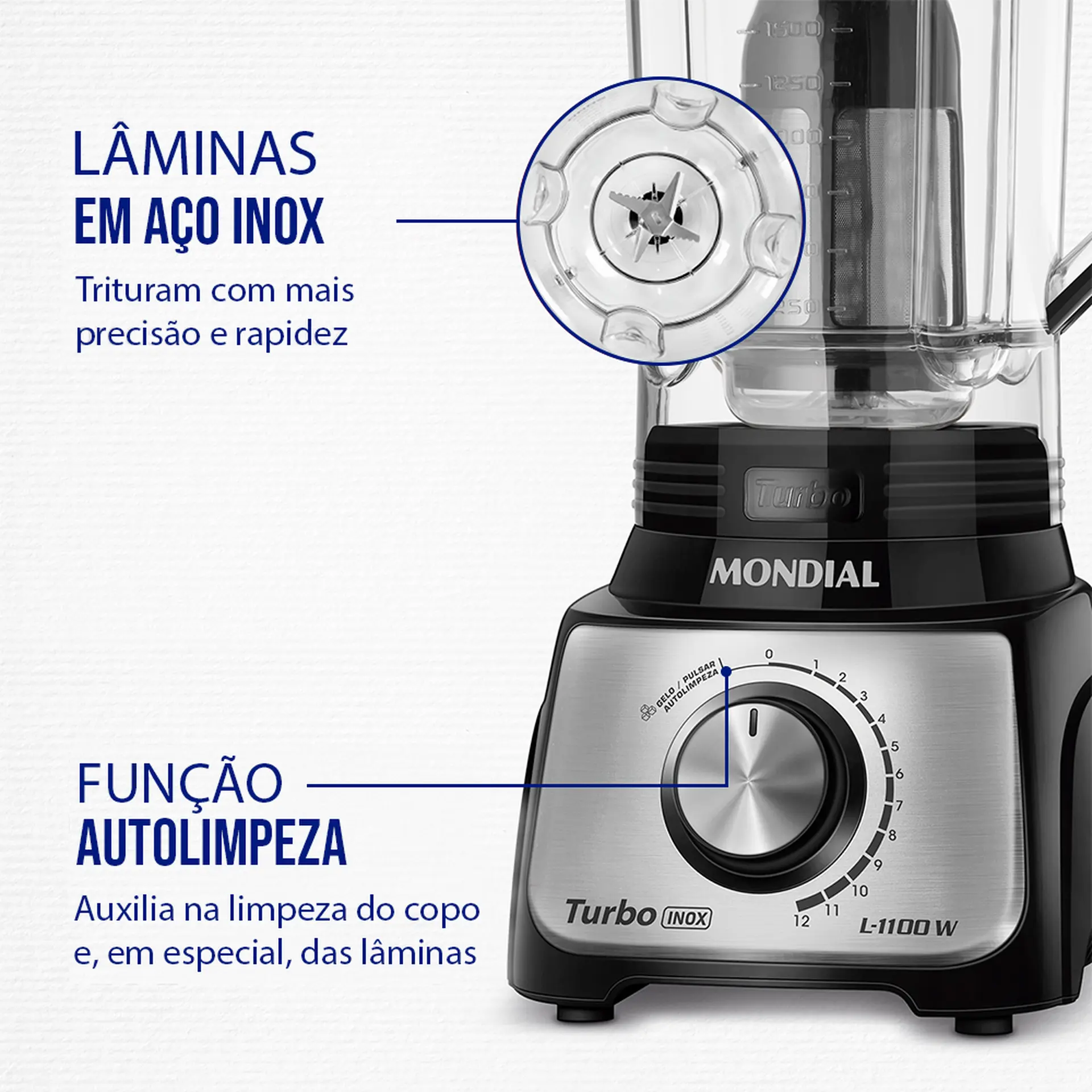 Liquidificador Mondial Turbo L-1100 3L 12 Velocidades 1100W Filtro - Preto/Inox - 110 Volts