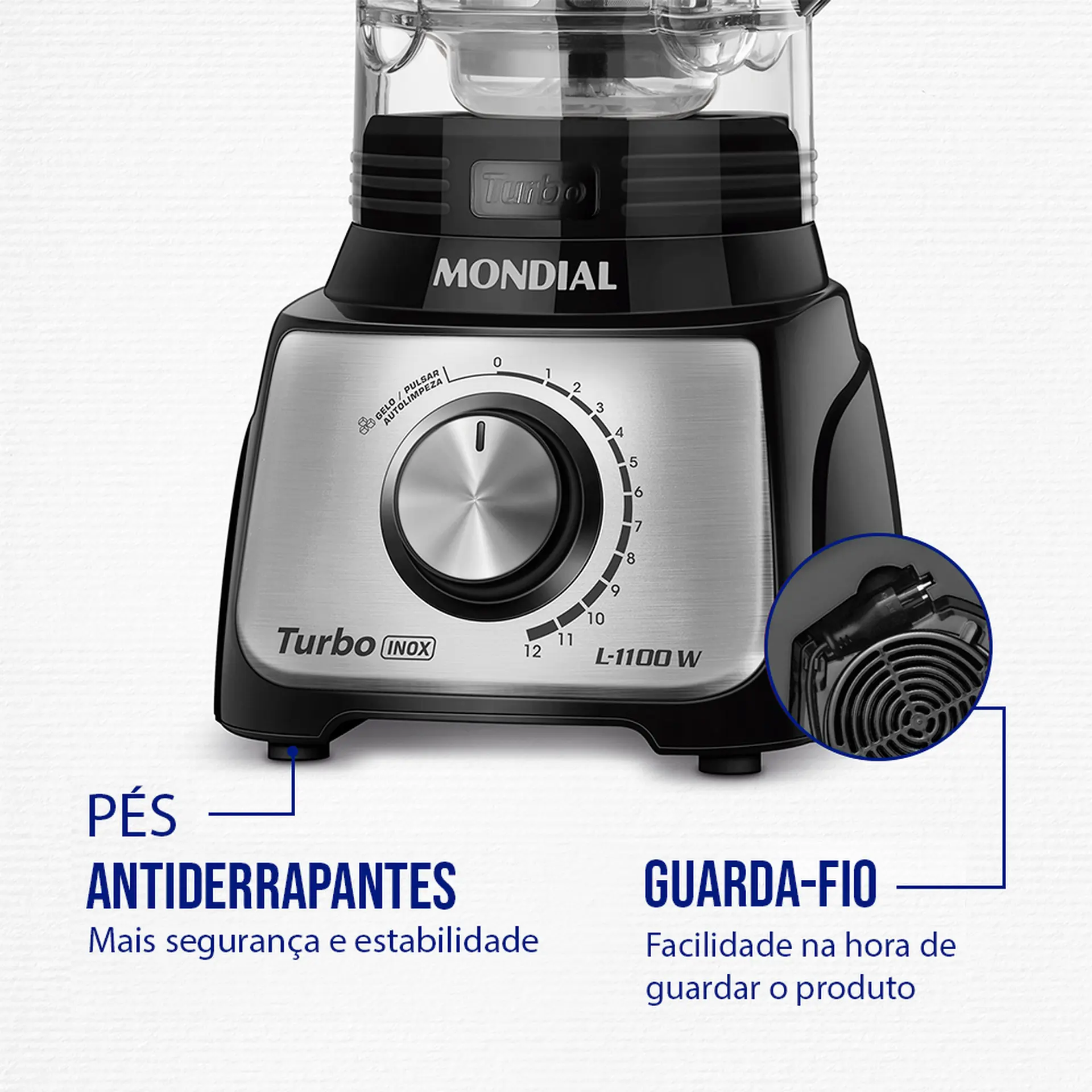 Liquidificador Mondial Turbo L-1100 3L 12 Velocidades 1100W Filtro - Preto/Inox - 110 Volts