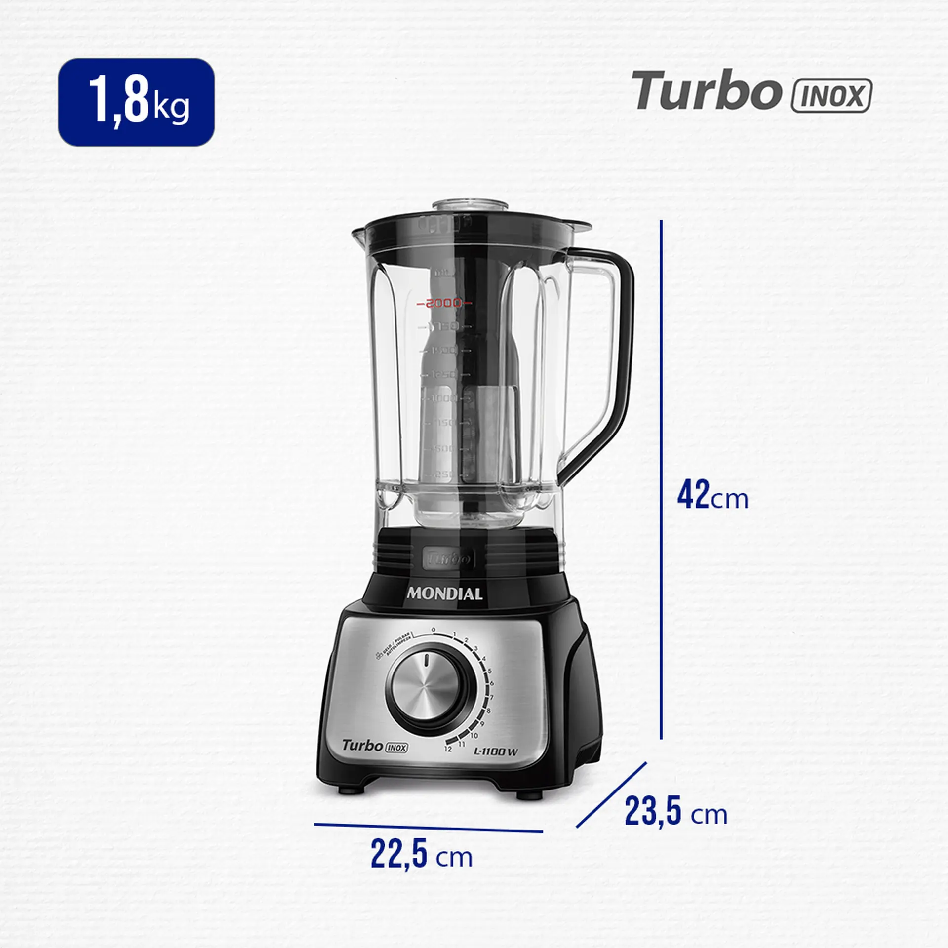 Liquidificador Mondial Turbo L-1100 3L 12 Velocidades 1100W Filtro - Preto/Inox - 110 Volts