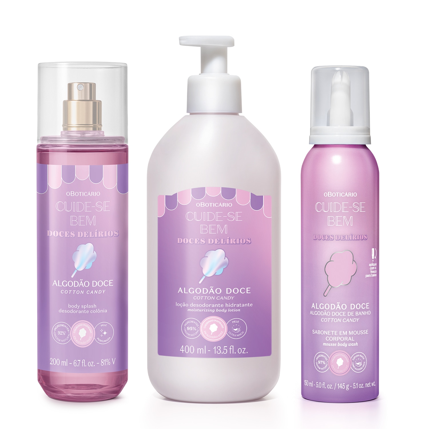 Combo Cuide-se Bem Doces Delírios Algodão Doce: Body Splash 200ml + Sabonete Em Mousse Corporal 150ml + Loção Corporal 400ml