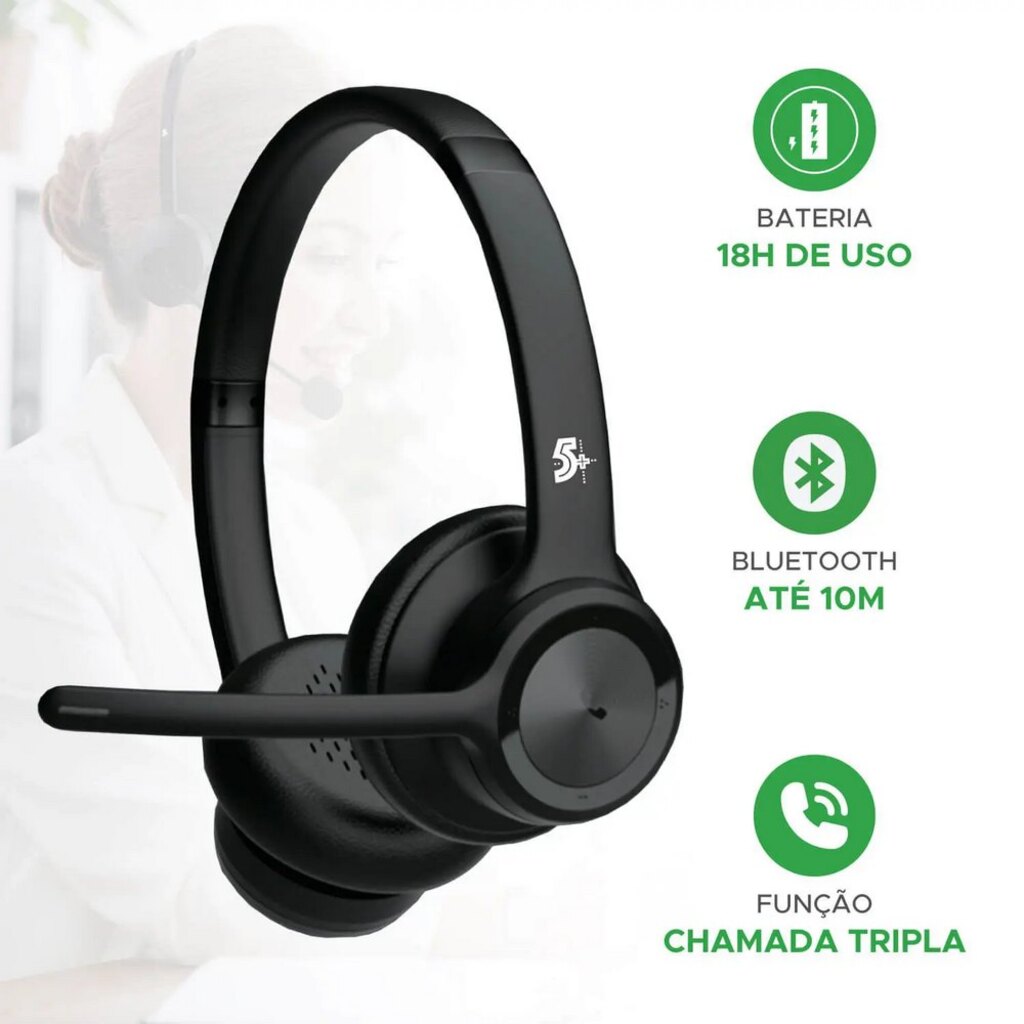 Fone de Ouvido Headset com Microfone Conexão Bluetooth Preto 5+ HS203