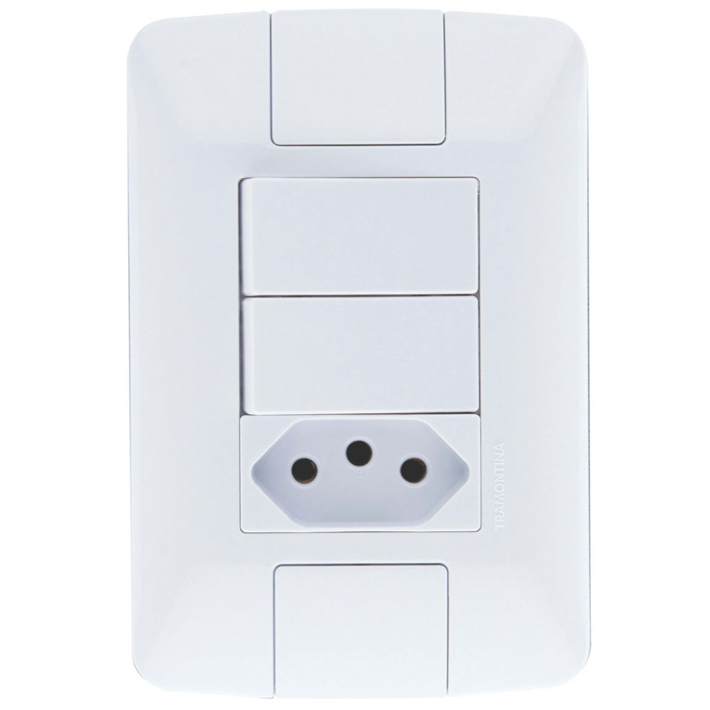 Interruptor 2 Simples 6A Tramontina Aria 57241/073 com 1 Tomada 10A + Espelho 4x2 Branco