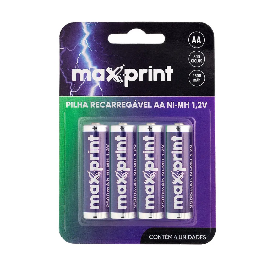 Pilha Recarregável AA 2500mAh Maxprint 75000044 Blister 4 Pilhas