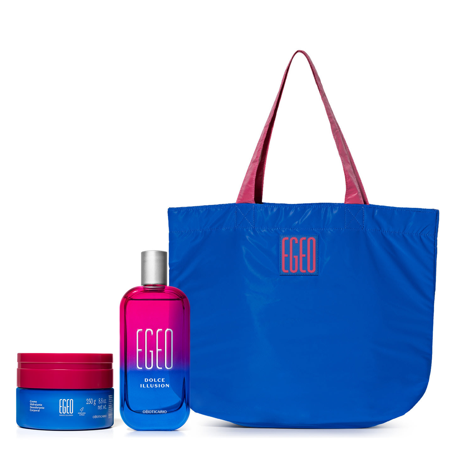 Combo Egeo Dolce Illusion: Desodorante Colônia 90ml + Creme Desodorante Corporal 250g + Bolsa Big Bag Azul e Rosa