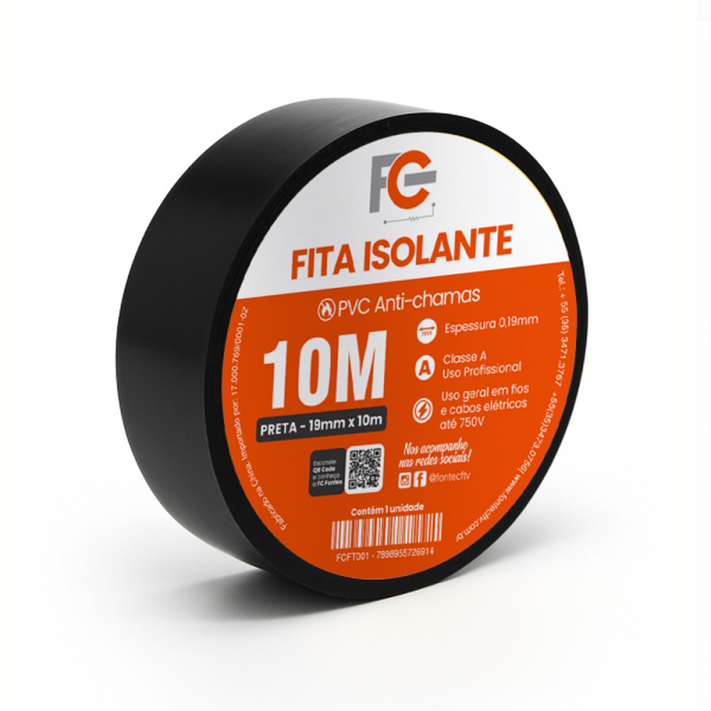 Fita Isolante Antichama FC Fontes 10m Preto Unitário FCFT001