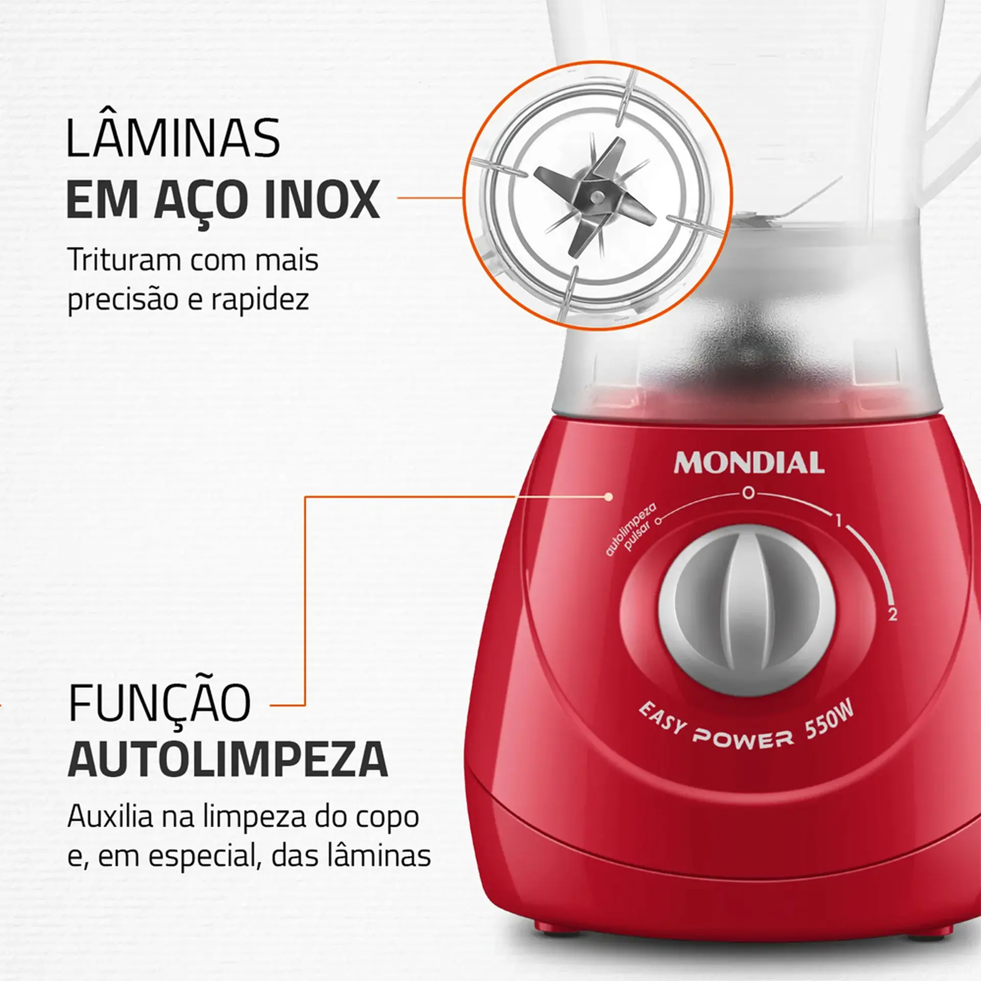 Liquidificador Mondial Easy Power 1,5L 550W 2 Velocidades L-550-R - Vermelho - 110 Volts