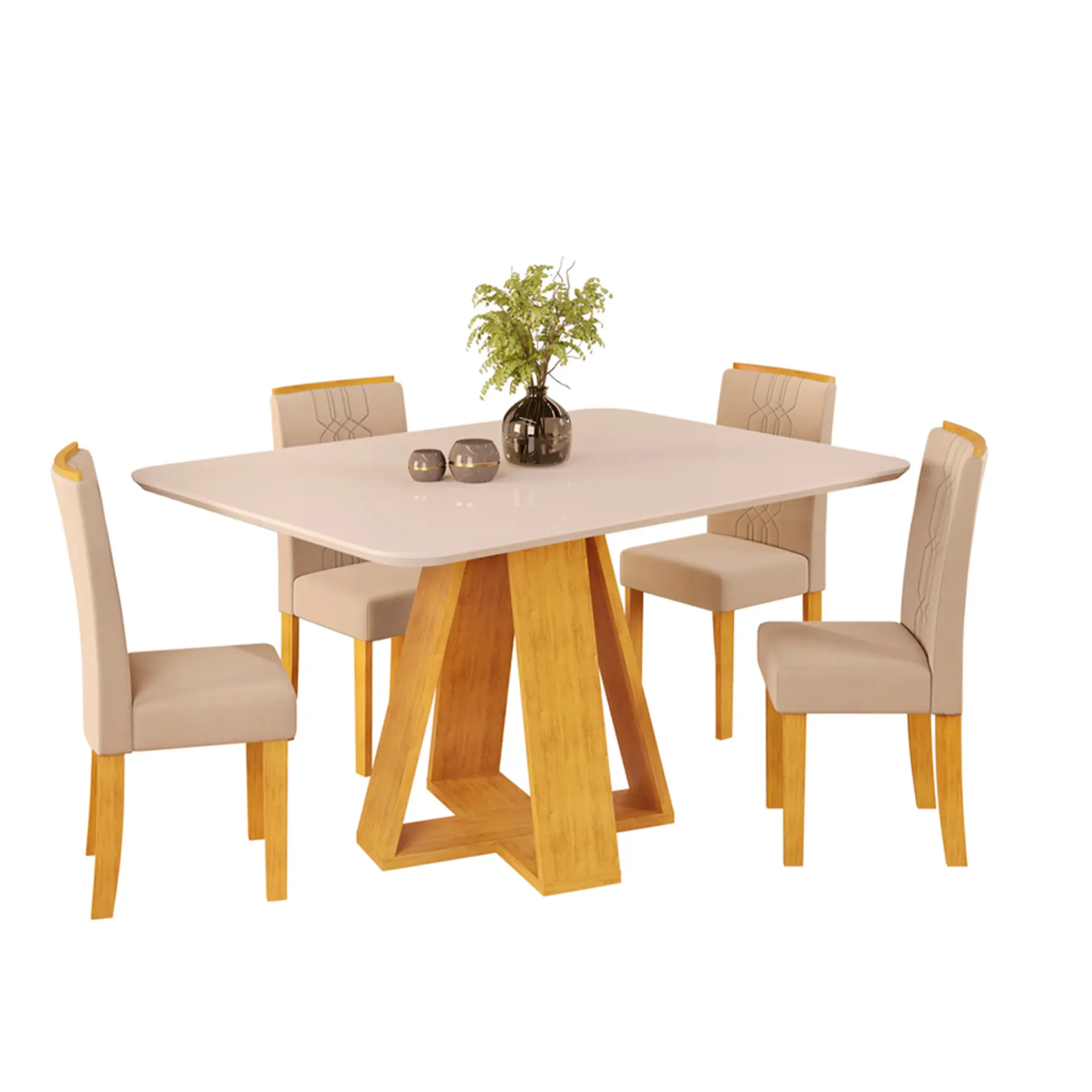 Conjunto de Mesa 4 Cadeiras Tampo MDF com Assento Estofado Celeste DJ - Cedro/off-cedro/veludo creme