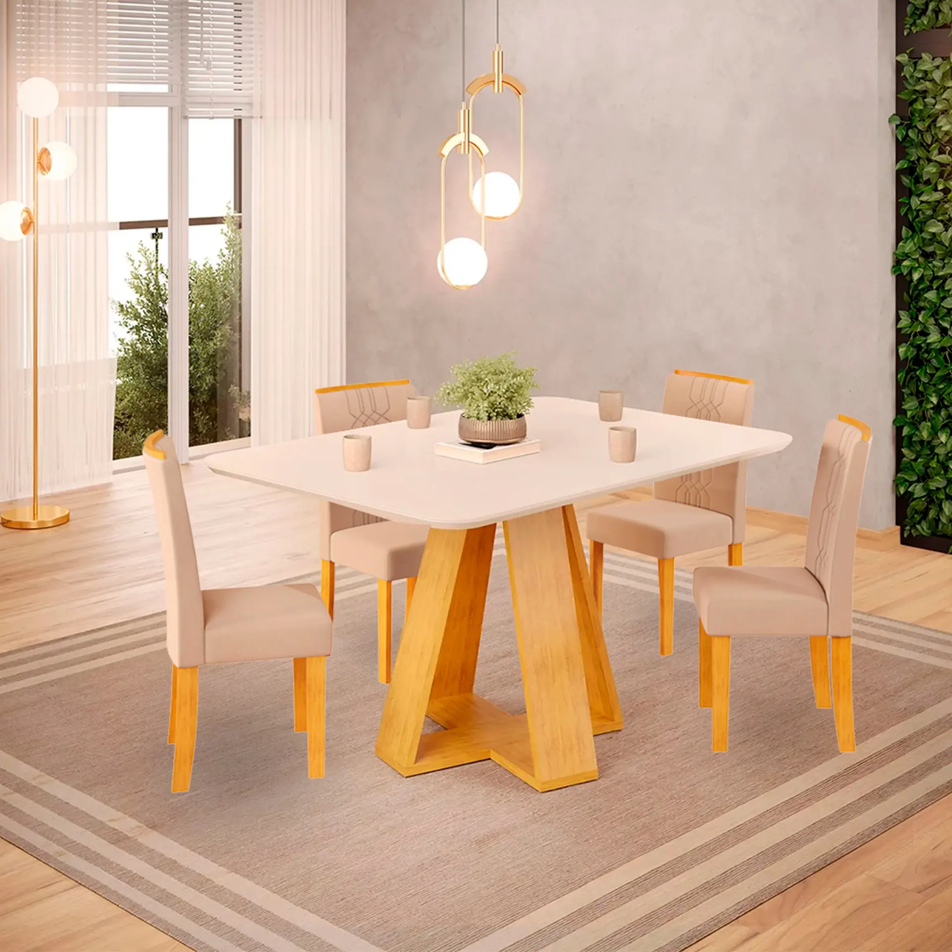Conjunto de Mesa 4 Cadeiras Tampo MDF com Assento Estofado Celeste DJ - Cedro/off-cedro/veludo creme