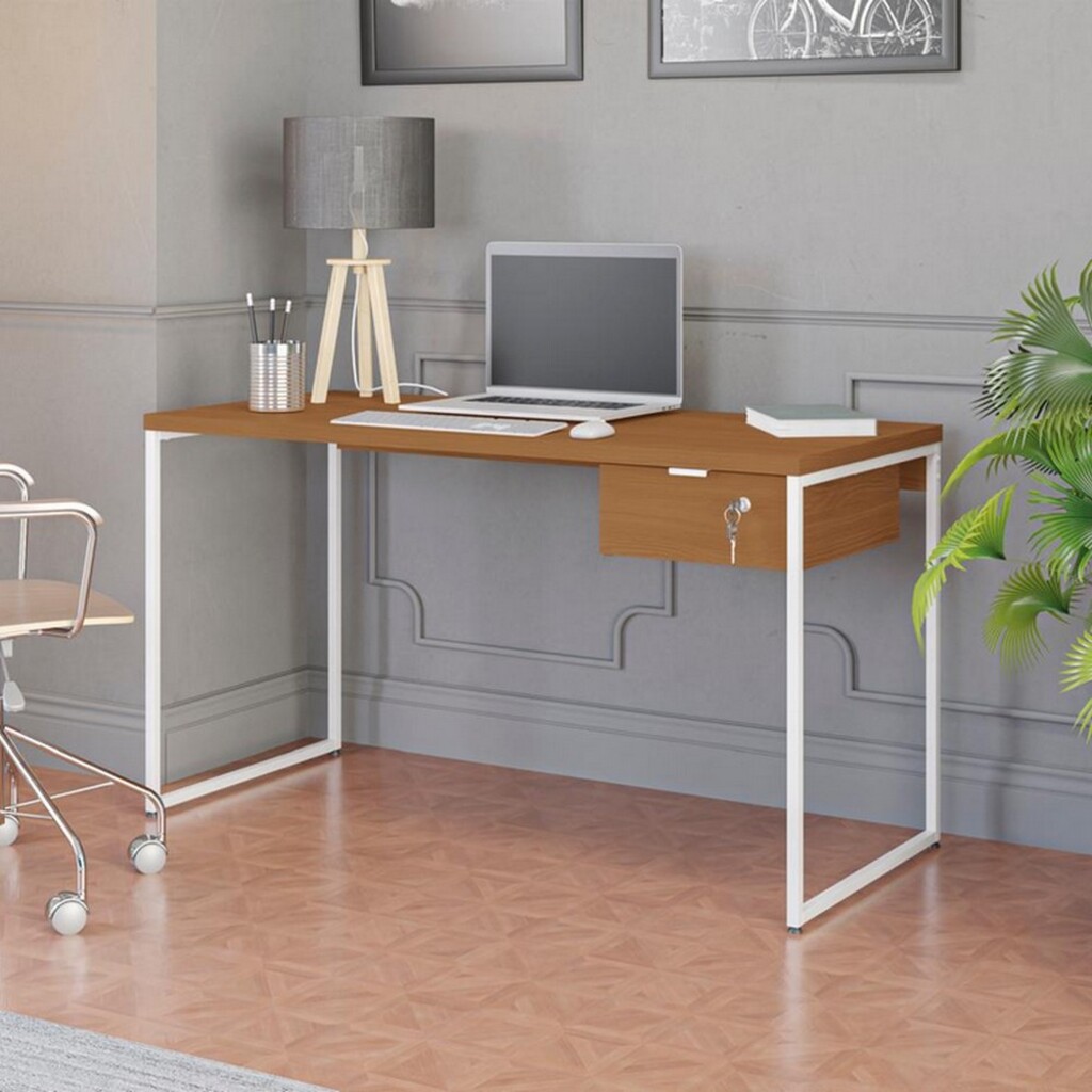 Mesa para Escritório Secretária com Gaveta Linha Industrial Canela/Branco Kappesberg - CMC623-CNBR