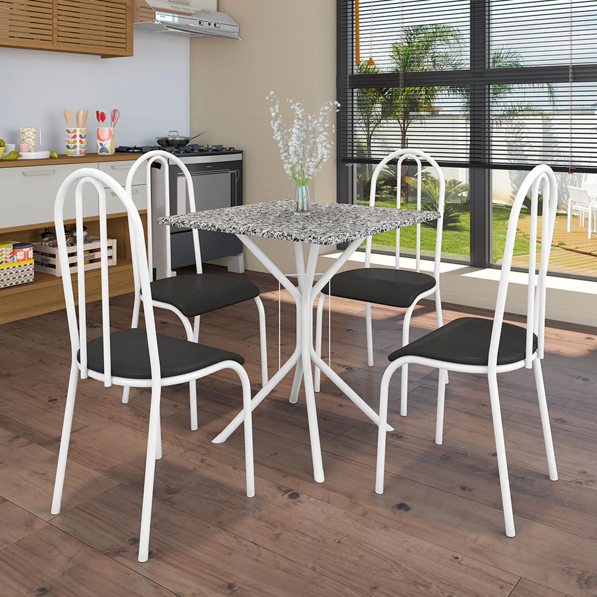 Conjunto de Mesa 4 Cadeiras Tampo Granito Malaga Fabone - Branco/Preto