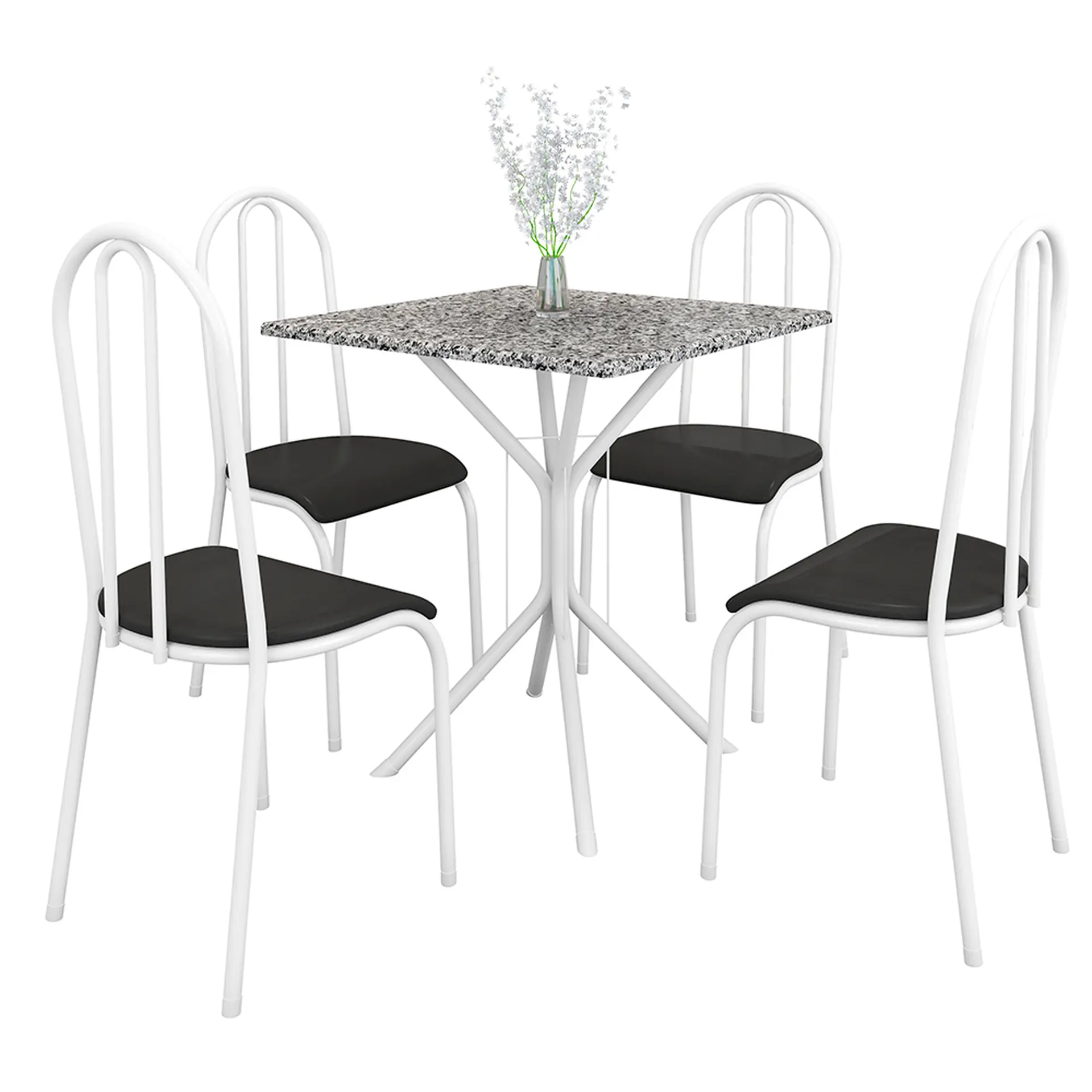 Conjunto de Mesa 4 Cadeiras Tampo Granito Malaga Fabone - Branco/Preto