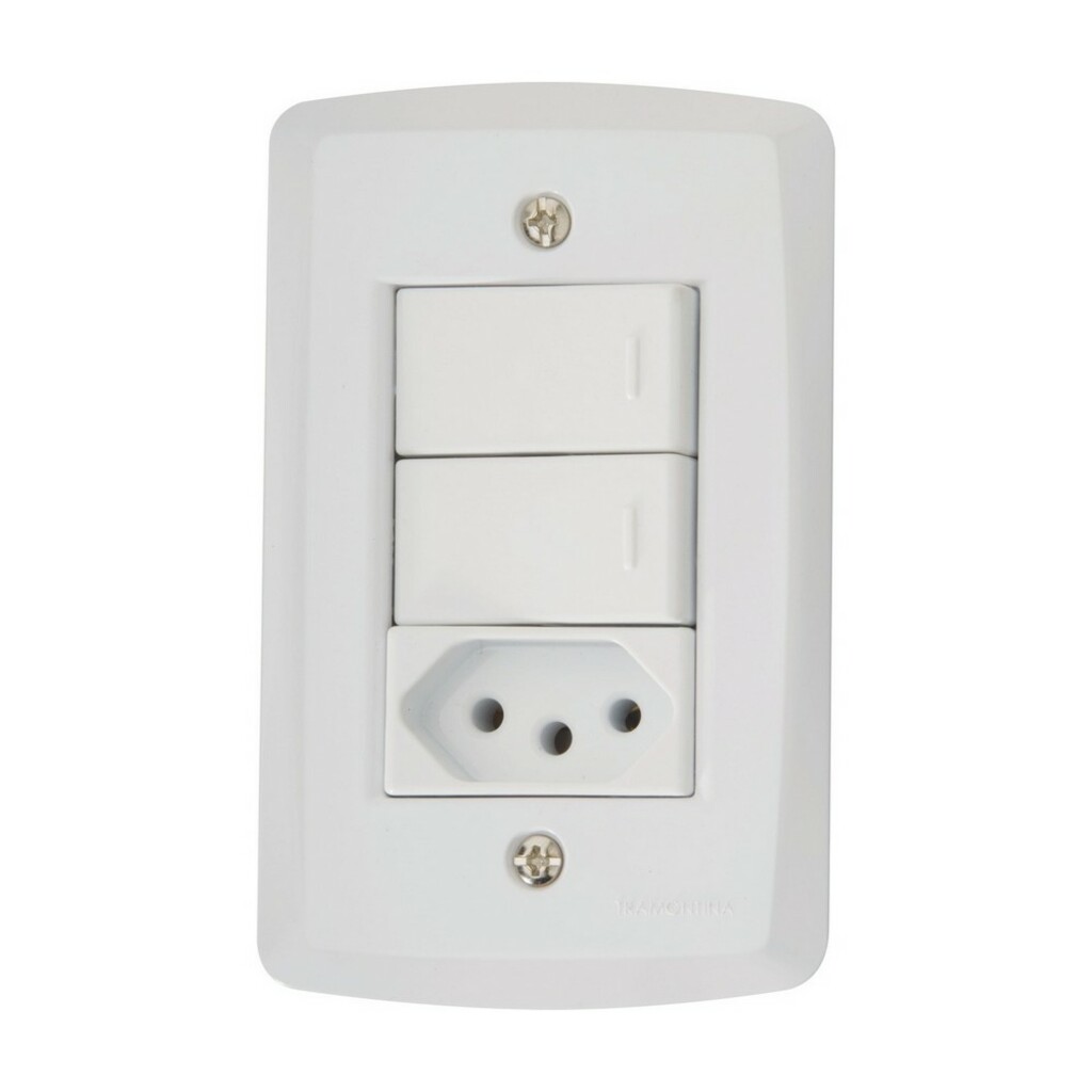 Interruptor 2 Simples 10A Tramontina Lux2 57145/073 com Tomada + Espelho 4x2 Branco