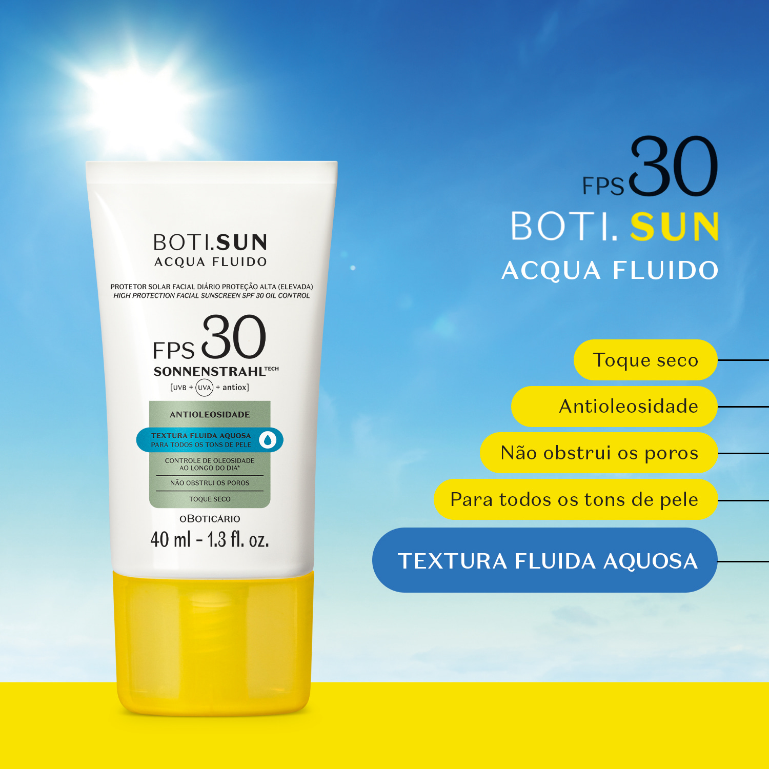Protetor Solar Facial Antioleosidade FPS30 BOTI.SUN Acqua Fluido 40ml
