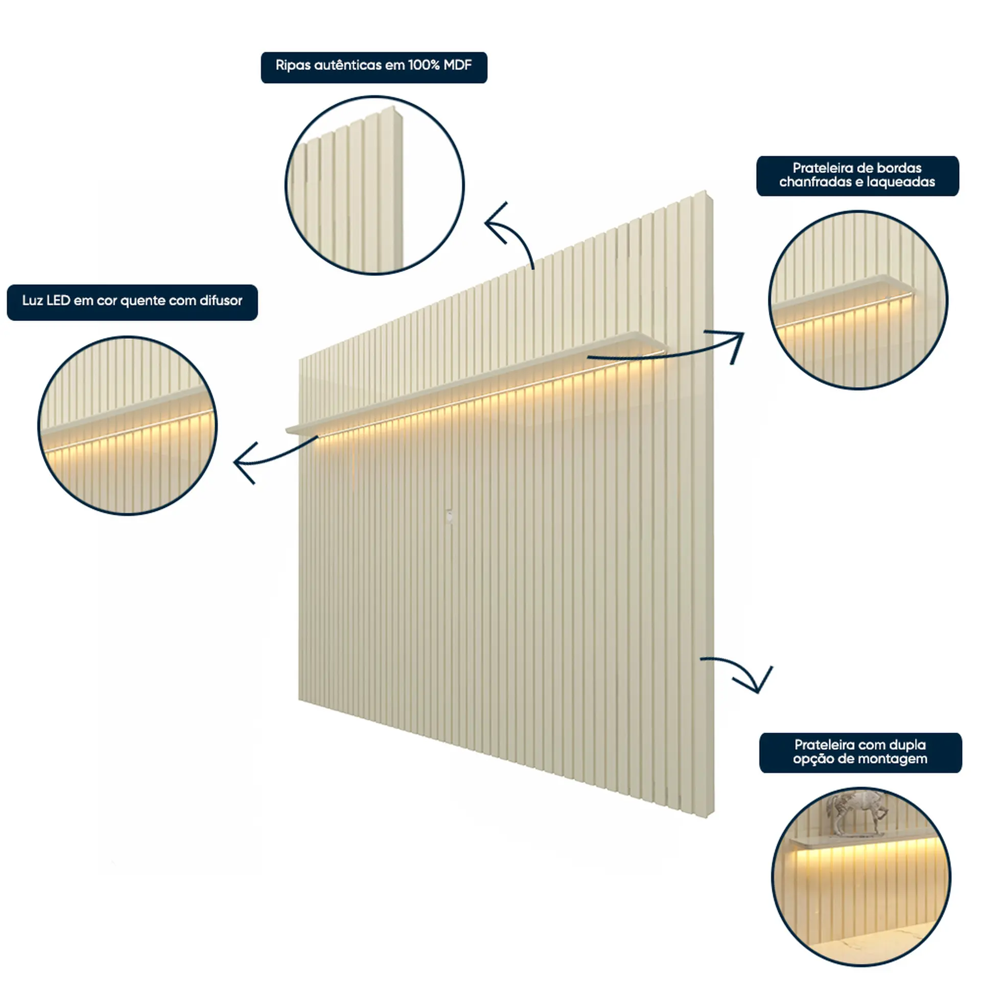 Painel Para TV até 85" Com Led e Prateleira Nobre 2.30 Gelius - Off White
