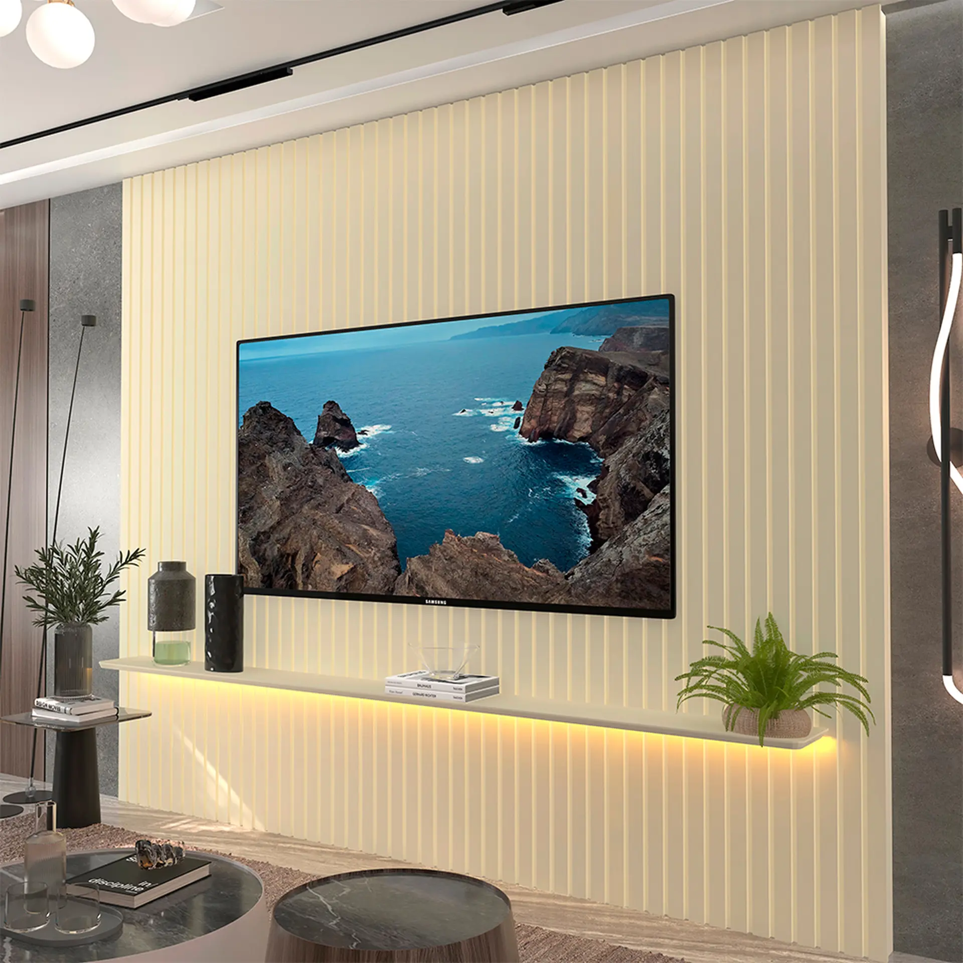 Painel Para TV até 85" Com Led e Prateleira Nobre 2.30 Gelius - Off White