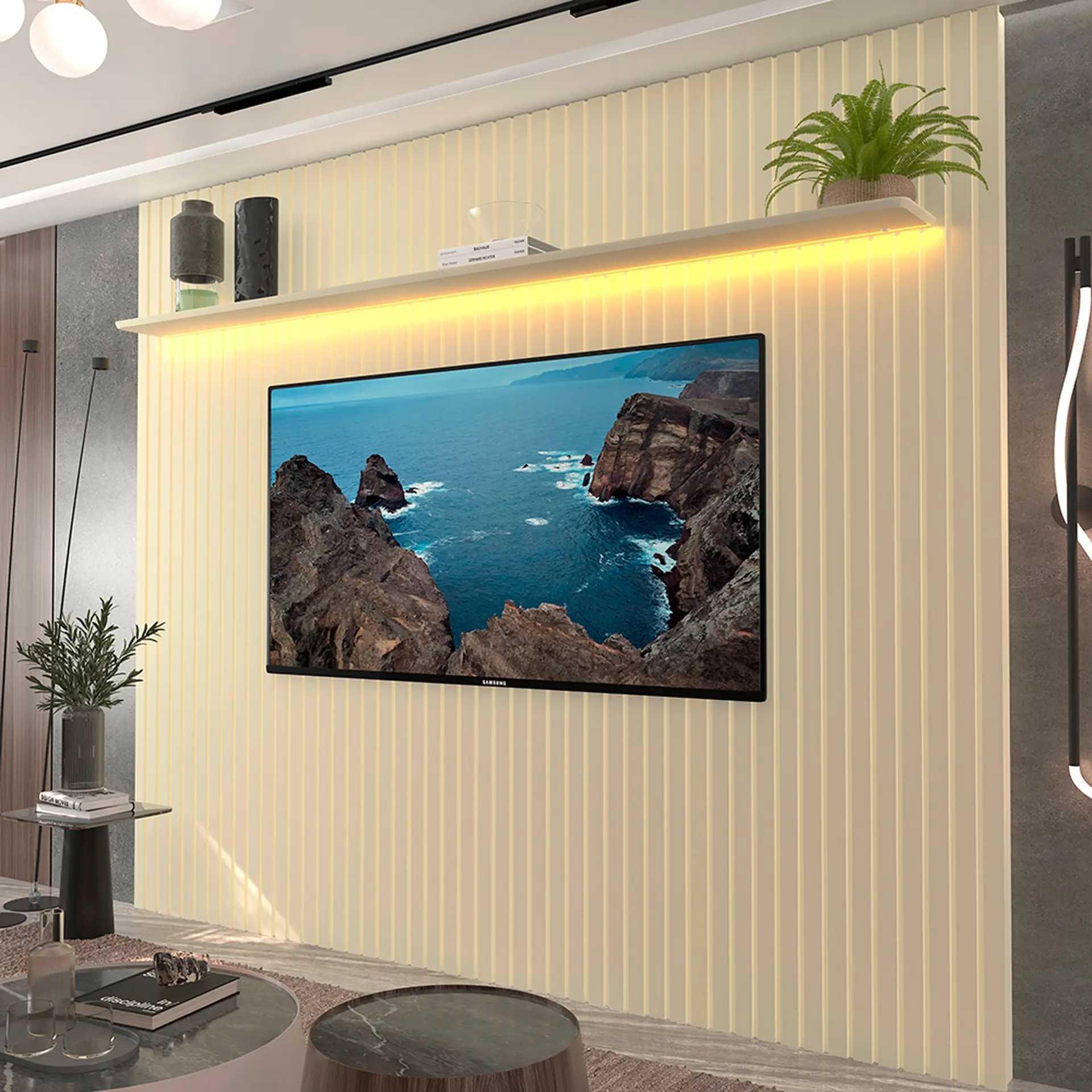 Painel Para TV até 85" Com Led e Prateleira Nobre 2.30 Gelius - Off White