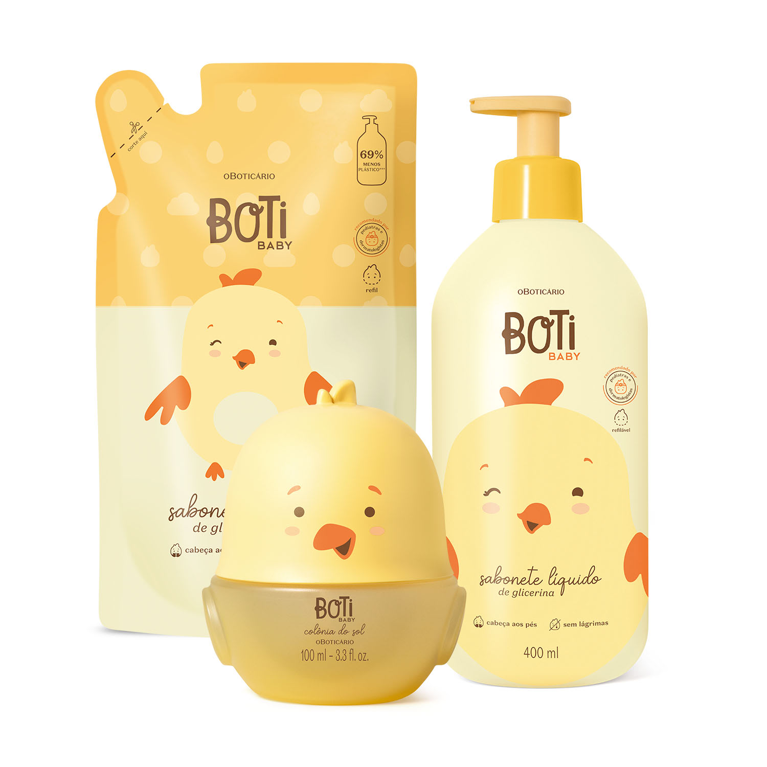 Combo Boti Baby: Sabonete Líquido de Glicerina 400ml + Refil Sabonete Líquido 350ml + Boti Baby Colônia do Sol 100ml