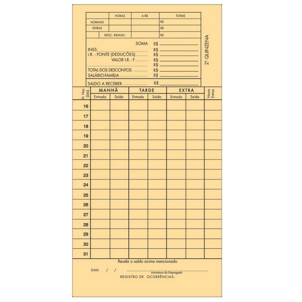 Cartão de Ponto Mensal 85 x 179mm 100 Folhas Tilibra - 150193