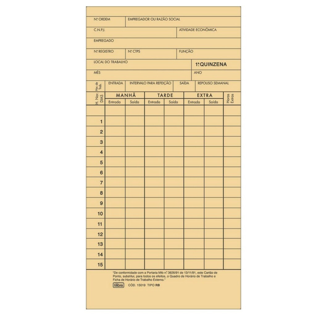 Cartão de Ponto Mensal 85 x 179mm 100 Folhas Tilibra - 150193