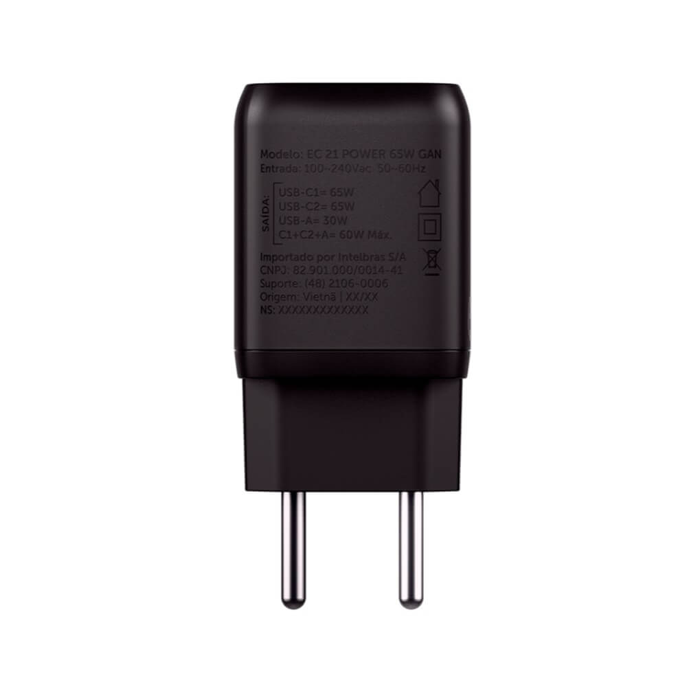 Carregador Ultra Rápido 2 Portas USB-C E 1 Porta USB-A EC 21 Power 65W GAN Preto Intelbras