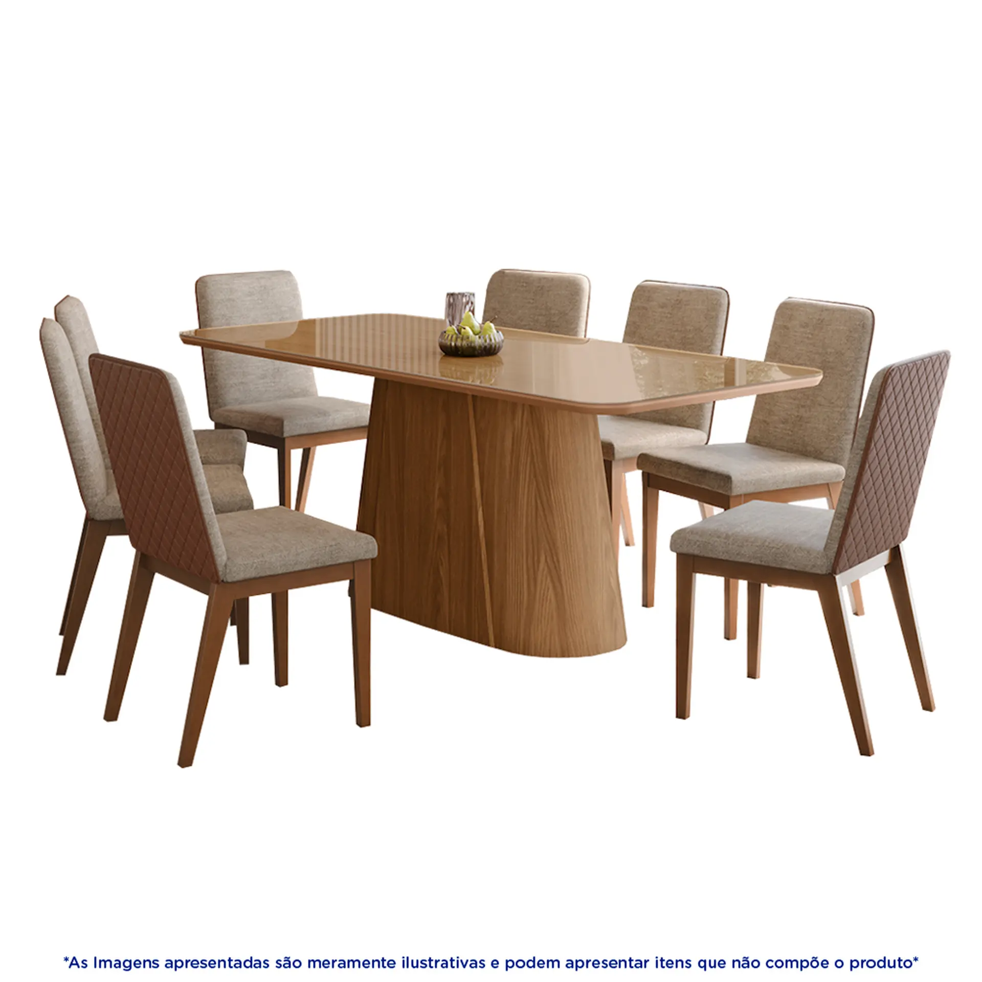 Conjunto de Mesa 8 Cadeiras Tampo Madeira e Vidro Olivia Henn - Nature/Corano/Caramelo/Creme