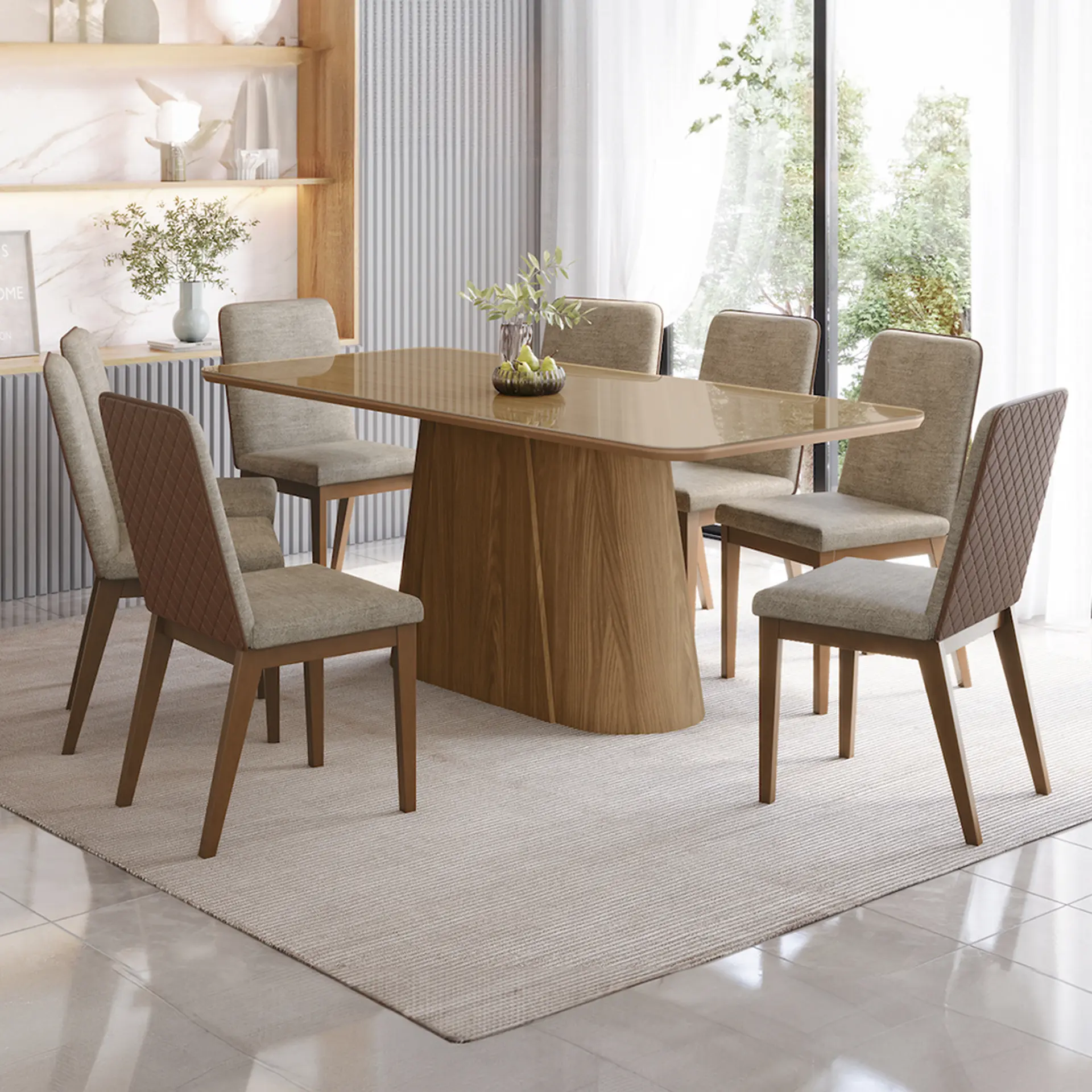 Conjunto de Mesa 8 Cadeiras Tampo Madeira e Vidro Olivia Henn - Nature/Corano/Caramelo/Creme