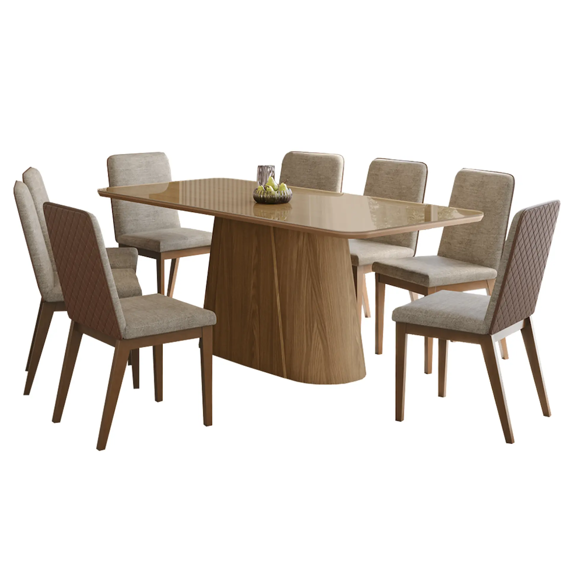 Conjunto de Mesa 8 Cadeiras Tampo Madeira e Vidro Olivia Henn - Nature/Corano/Caramelo/Creme